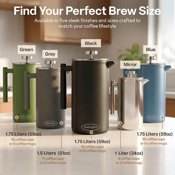 SterlingPro Large Insulated Stainless Steel French Press Coffee Maker 1.5L – Insulated Metal Big Double Wall Coffee Maker | Plastic Free | Cool-Touch | Mirror Finish | Makes up to 11 Cups / 6 Mugs
