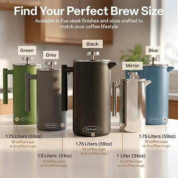 SterlingPro Large Insulated Stainless Steel French Press Coffee Maker 1.5L – Insulated Metal Big Double Wall Coffee Maker | Plastic Free | Cool-Touch | Mirror Finish | Makes up to 11 Cups / 6 Mugs