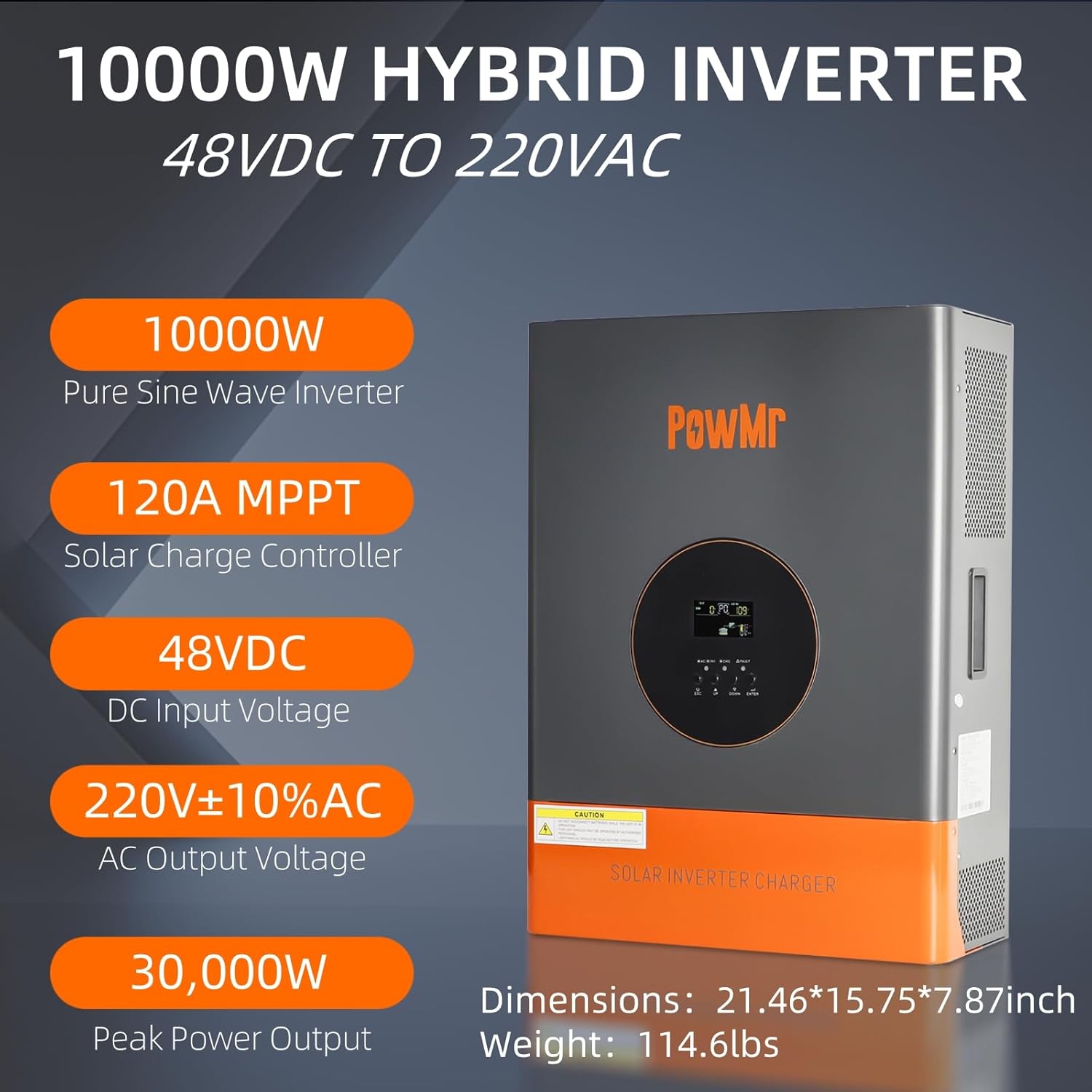 PowMr 10000W Hybrid Solar Inverter with key specifications