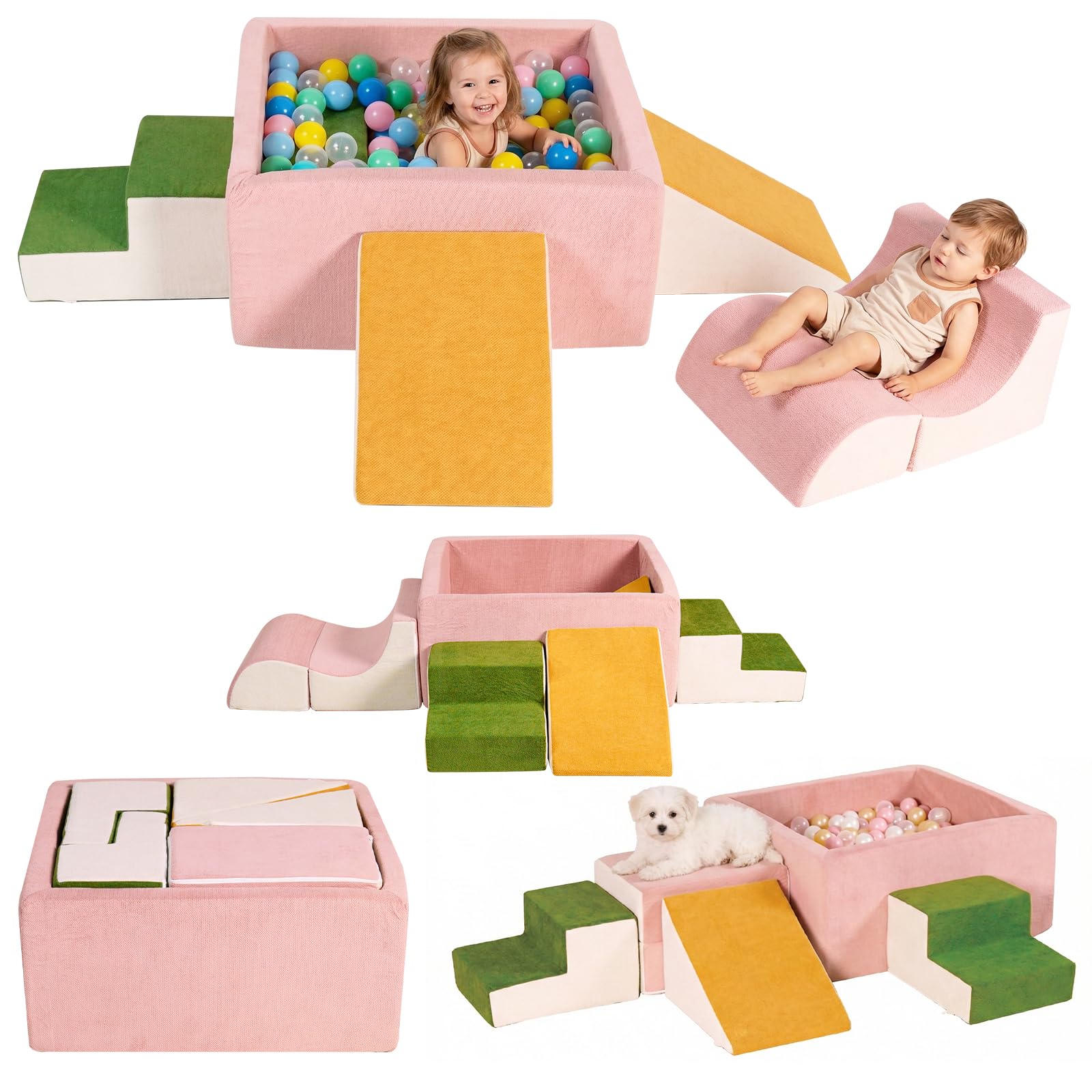 6-Piece Modular Foam Climbing Blocks for Toddlers with Ball Pit,Pink