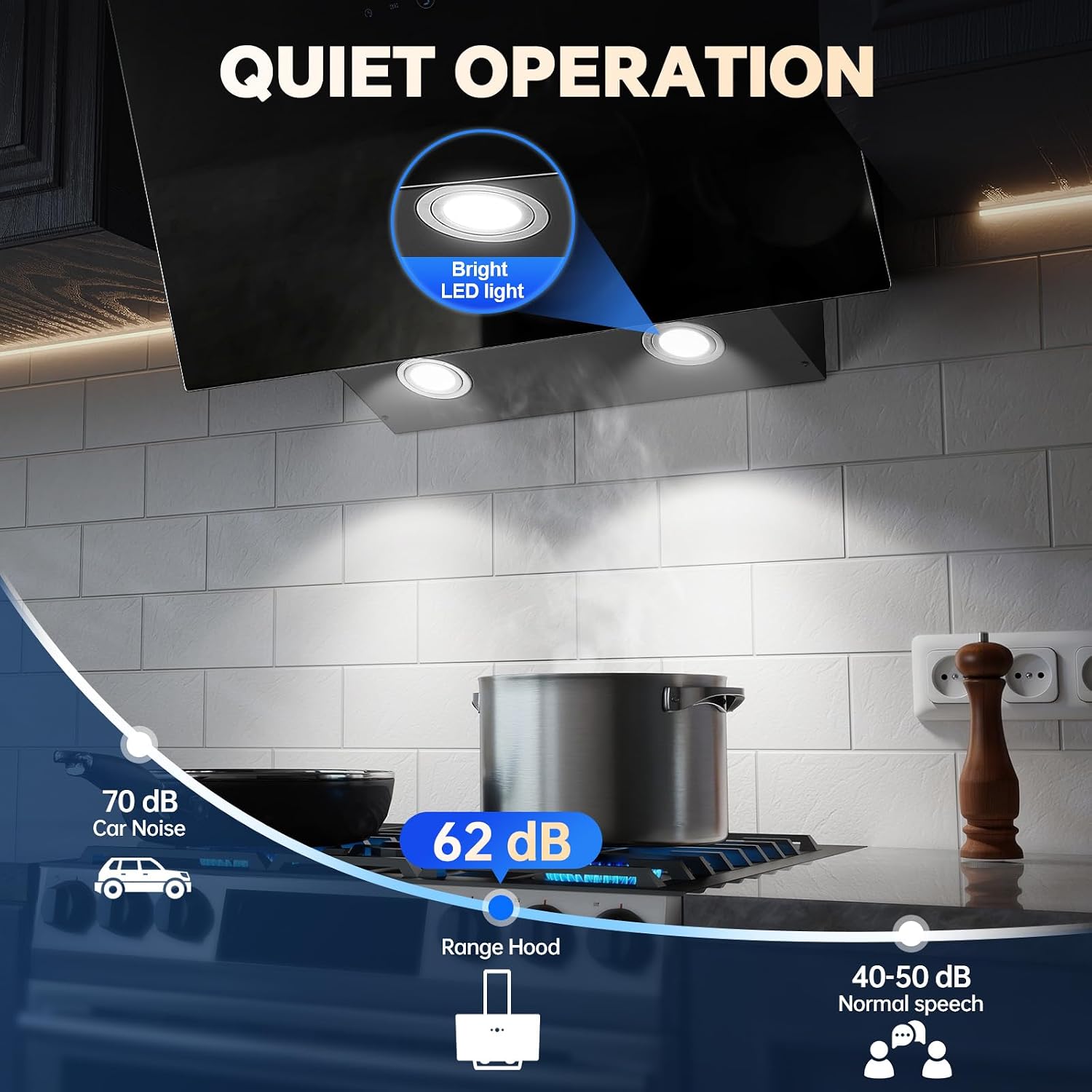 TopStrong 60cm Cooker Hood, Wall Mounted Extractor Fan Kitchen, 600m³/h, Tempered Glass & Aluminium, Touch Control, 3 Speed, LED, Black Wall-Mounted Vent Hood