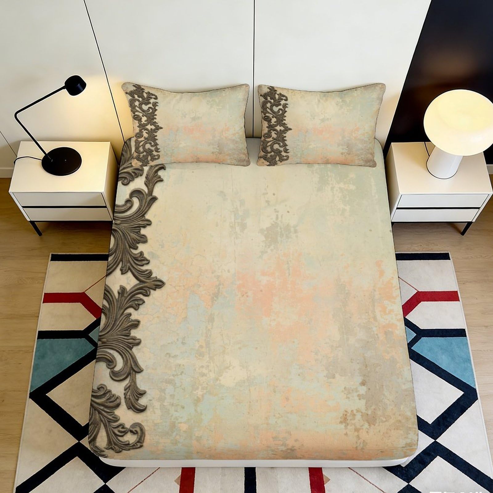 3D Printed Vintage Ornate Fitted Sheet Microfiber Soft Peach Beige Artistic Mattress Cover for Bedroom Dorm Decor 120x200x25cm