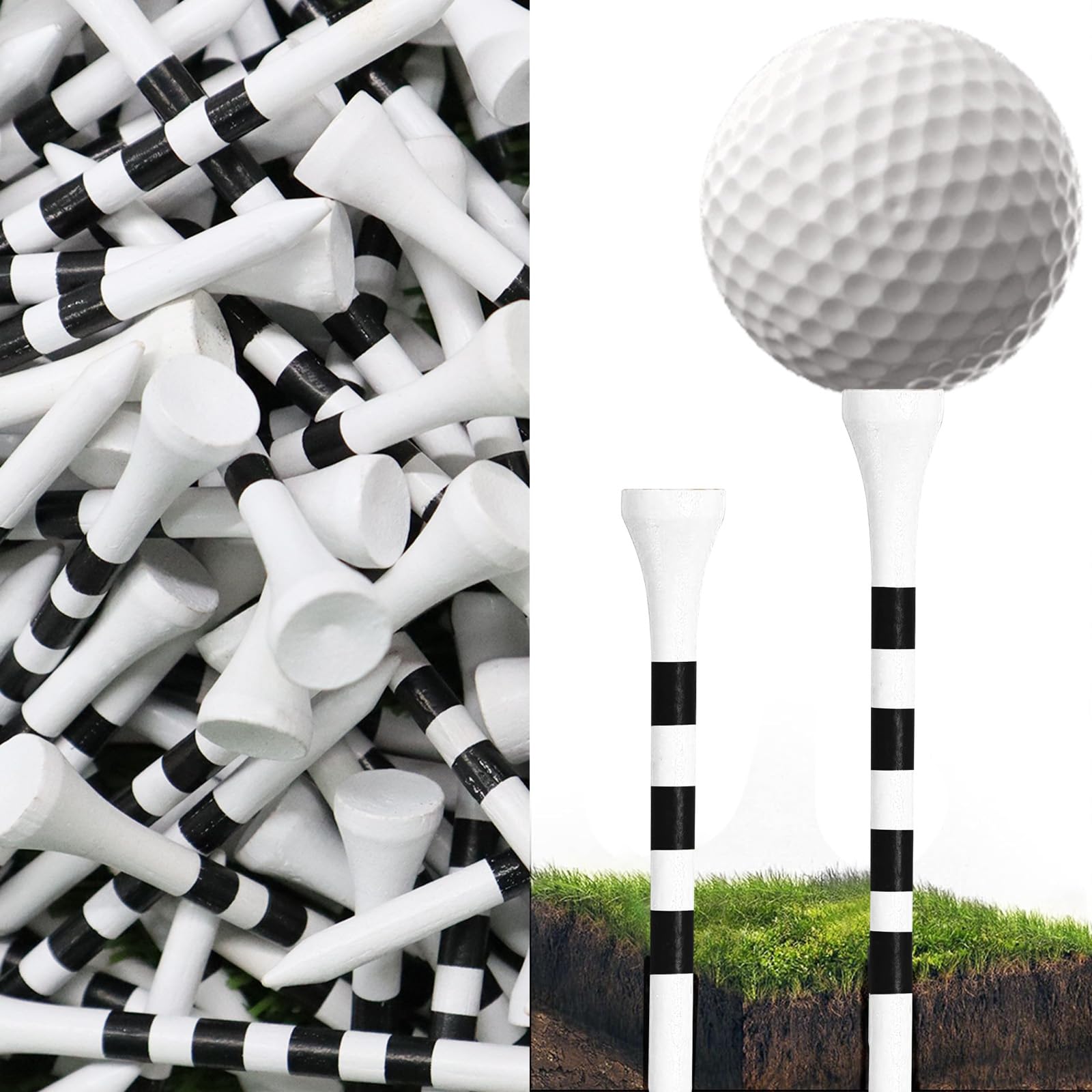 AMRTA Golf Tees Wood 2 3/4 3 1/4 Inch Value 500 Pack(250 Each Size), Bright White with Two Stylish Striped Design for Consistent Height, Reliable Hold Ball Well for Men Women Golfer (Black)