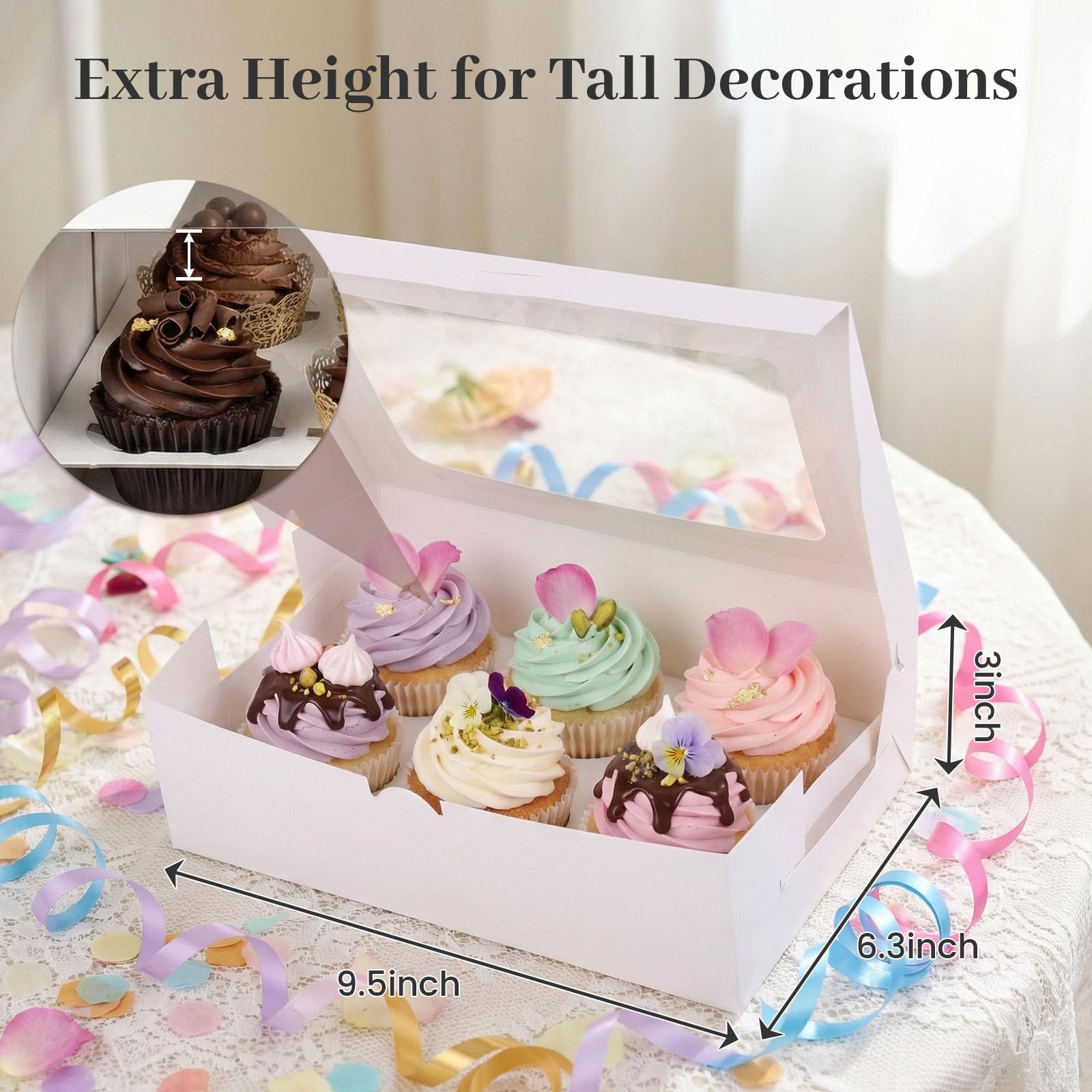 HONEYGIFTS 6 contenitori bianchi per cupcake, 6 pezzi, con finestra, per contenere 36 scatole da pasticceria, per compleanni, feste, prodotti da forno