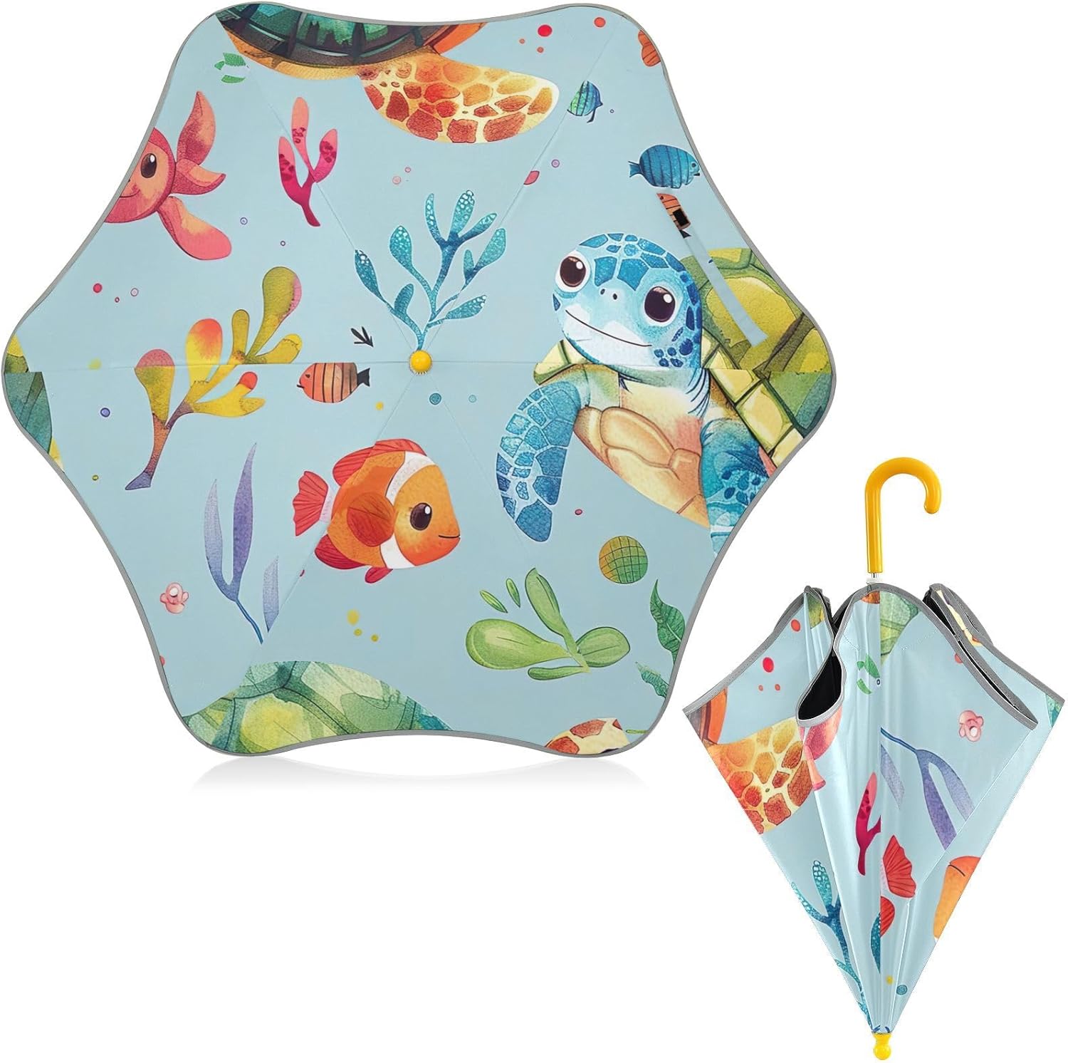 ODAWA Toddler Umbrellas for Girls Cute Cartoon Sea Turtles Kids Umbrella, J Handle Golf Stick Umbrella
