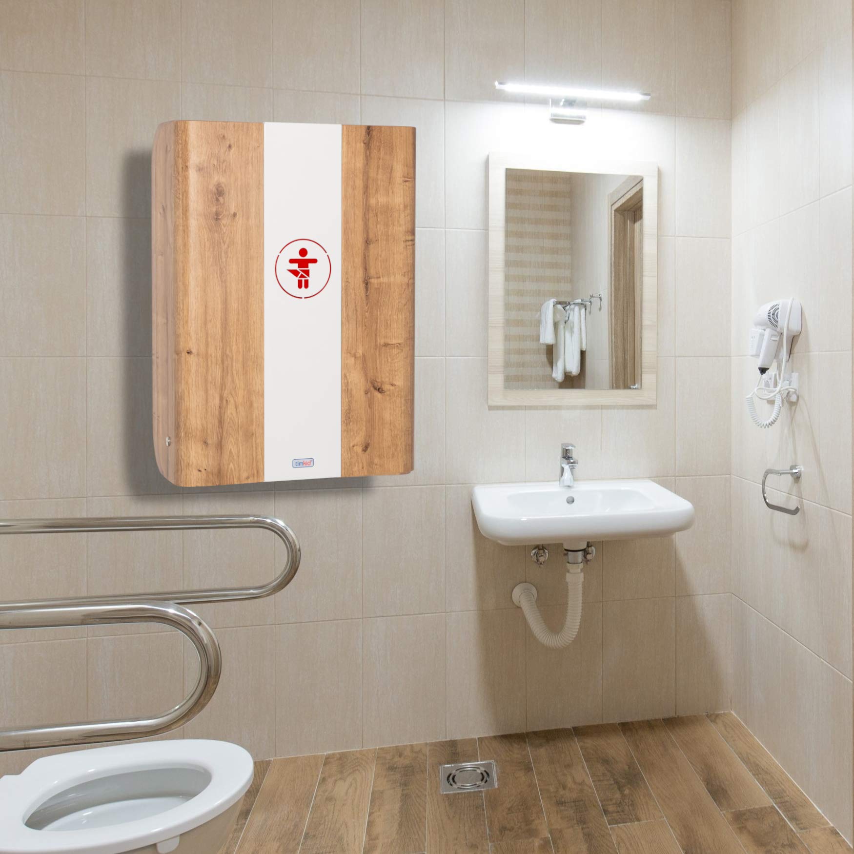 KAWAmidi Oak - Table à langer timkid - Certifié TÜV - Table à langer murale pliable et peu encombrante - Avec matelas à langer gris - Idéal pour les espaces publics et privés - Partie centrale blanche