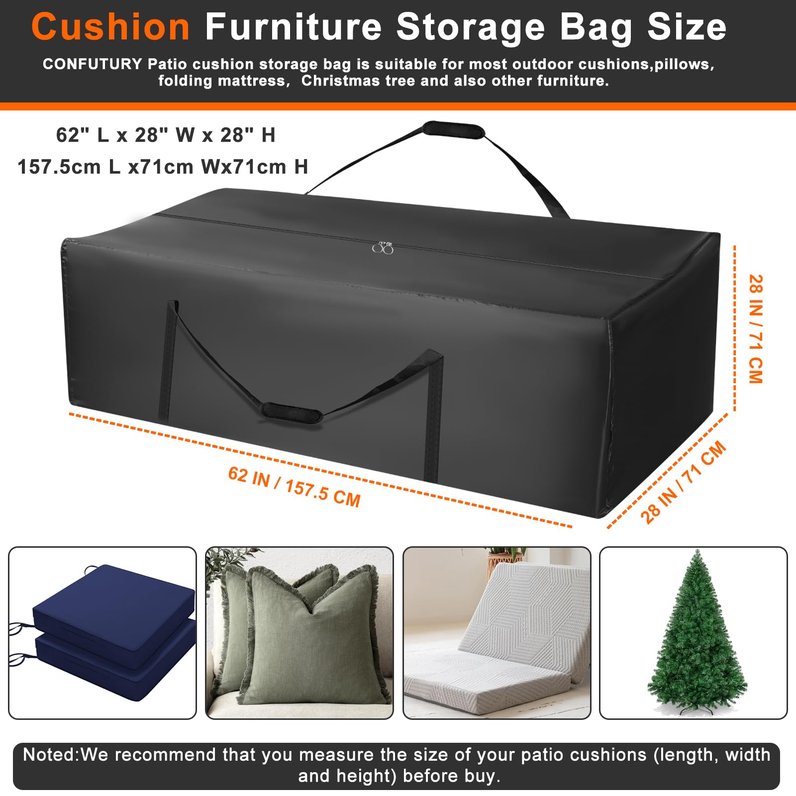 Bolsa de almacenamiento grande para cojines de patio, bolsas de almacenamiento resistentes con cremallera 420D con cremallera y asas para muebles de patio, almacenamiento al aire libre, bolsas de