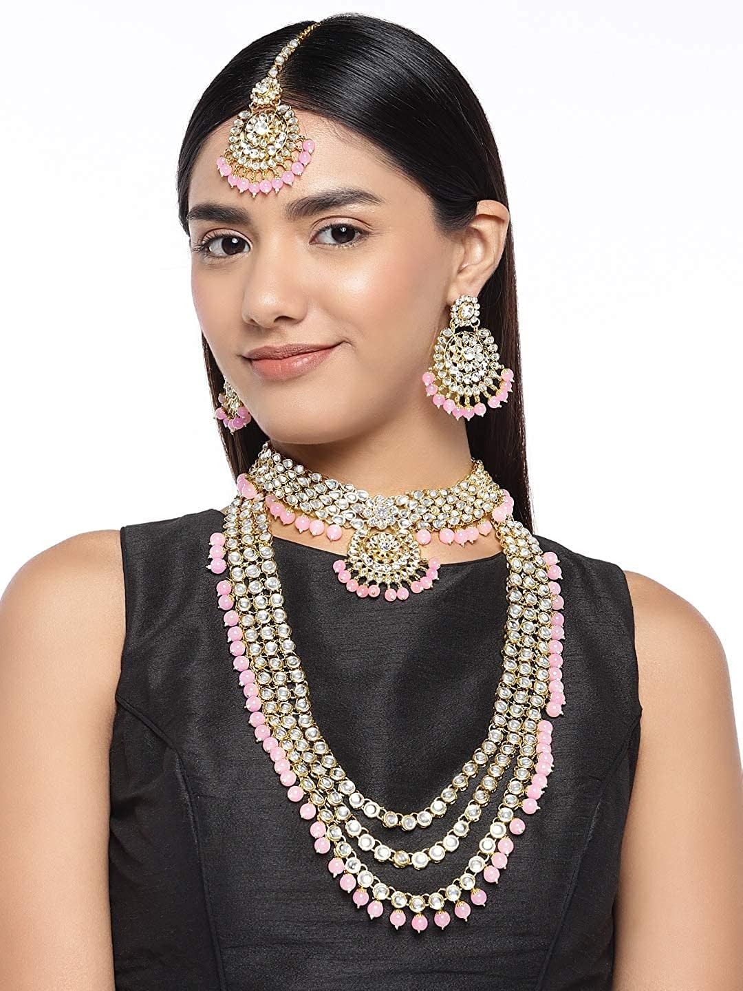 I Jewels Traditional Gold Plated Kundan Pearl Wedding Choker Necklace Set Earrings & Maang Tikka for Women (IJ325)