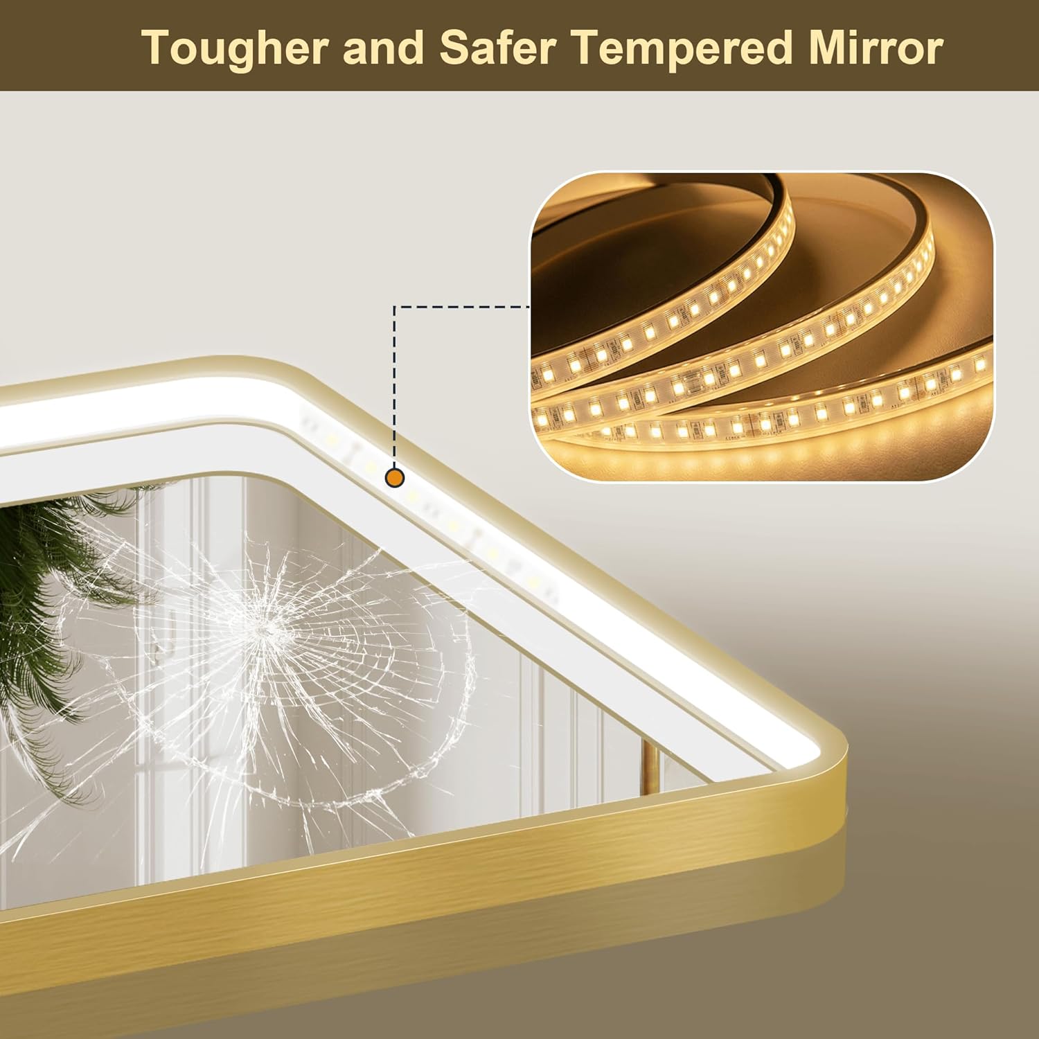 60x36 Inch LED Bathroom Mirror with Lights, Gold Metal Framed LED Mirror for Bathroom, 3 Colors and Stepless Dimmable Wall Mounted Lighted Bathroom Vanity Mirror, Anti-Fog, Memory