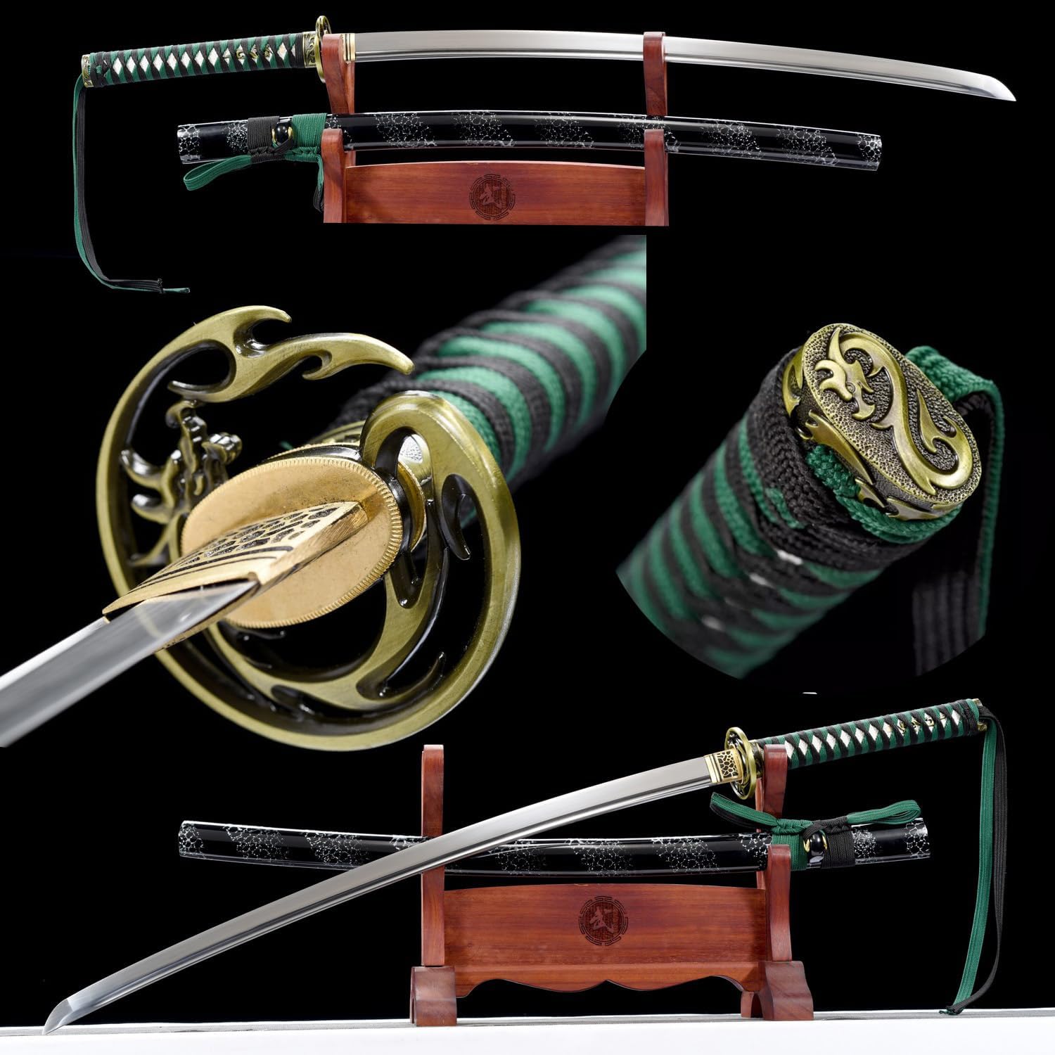Hero SWORD-9260 Spring Steel Real Combat Blade Japanese Katana Cool Dragon Samurai Sword Traditional Japanese Sword Very Sharp Real Weapon for Mens,Green