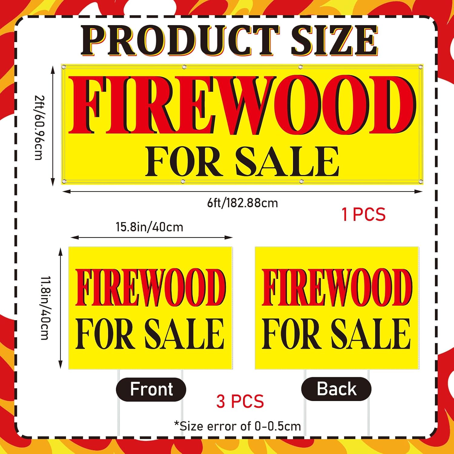 Chumia 1 Pcs Firewood for Sale Banner 3 Pcs Double Sided Firewood for Sale Yard Signs with Stakes Fabric Polyester Banner 2 x 6 ft Signs with Stands 11.81 x 15.75 Inch for Wood Business Outdoor