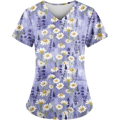 HXHYQKP Scrub Tops Women Funny Print V Neck Short Sleeve Shirts Stretch Anti Wrinkle Nursing Uniform