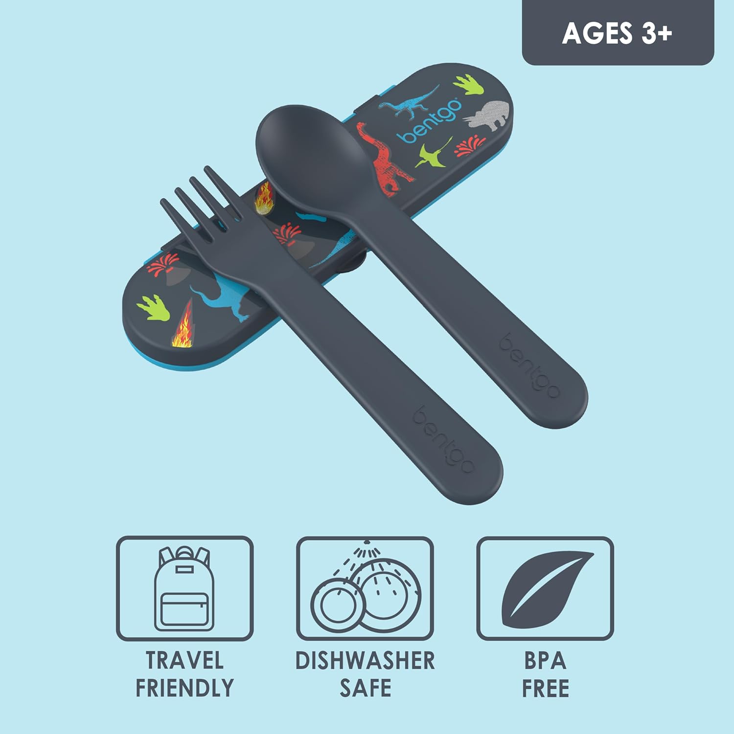 Bentgo Kids Utensil Set - Reusable Plastic Fork, Spoon & Storage Case - BPA-Free Materials, Easy-Grip Handles, Dishwasher Safe - Ideal for School Lunch, Travel, & Outdoors (Dinosaur) - Image 3