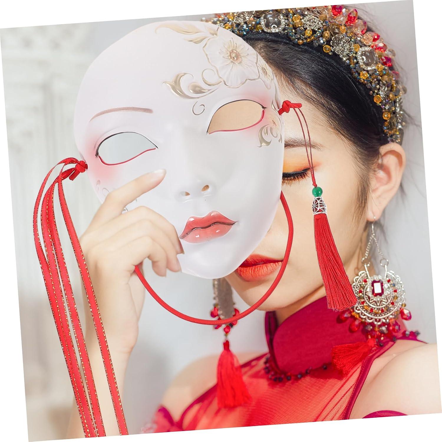 Zerodeko Chinese Style Party Cosplay Mask for Women Hand Painted Full Face Masquerade Prop Costume Accessory for Halloween and Performance Unique Floral Design