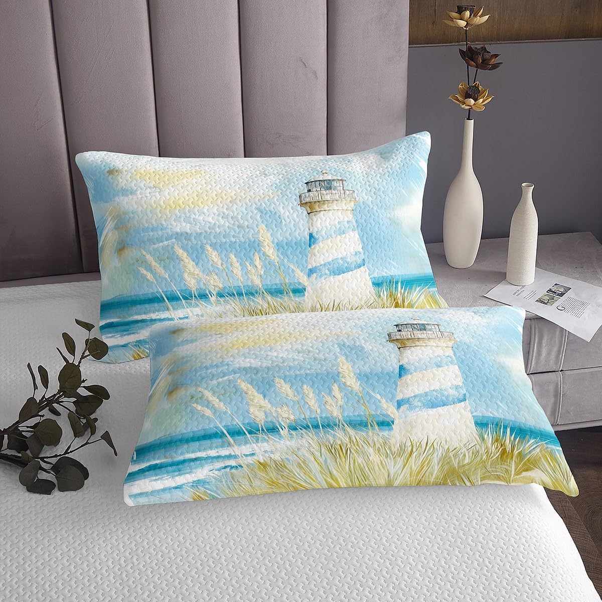 Castle Fairy Nautical Lighthouse Bedspread Queen Size,Ocean Beach Quilt Sets 3Pcs for Kids Teens Adults Room Decor,Retro Botanical Bedding Sets Beach Themed Bedding Duvet,2 Pillowcases