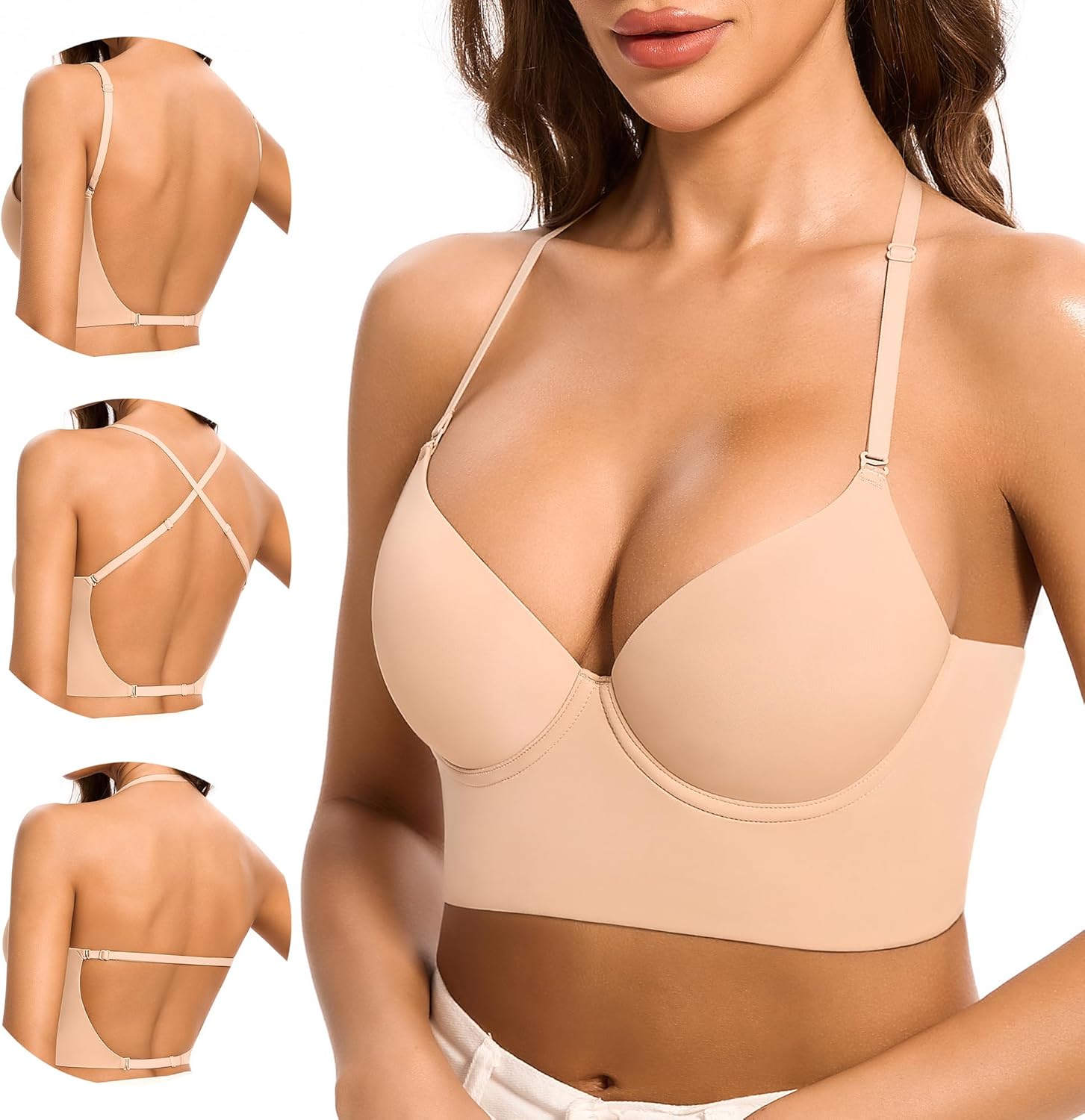 Low Back Bra for Women-Invisiable Backless Bras-Lightly Lined No Show Open Back Low Cut Bra Multiway Halter Bras - Image 2