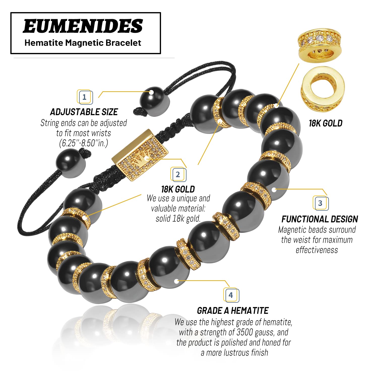 Bracciale magnetico in ematite d'oro, bracciale regolabile, elimina l'elettricità statica (Bracciale magnetico in oro 18 carati, 10MM)