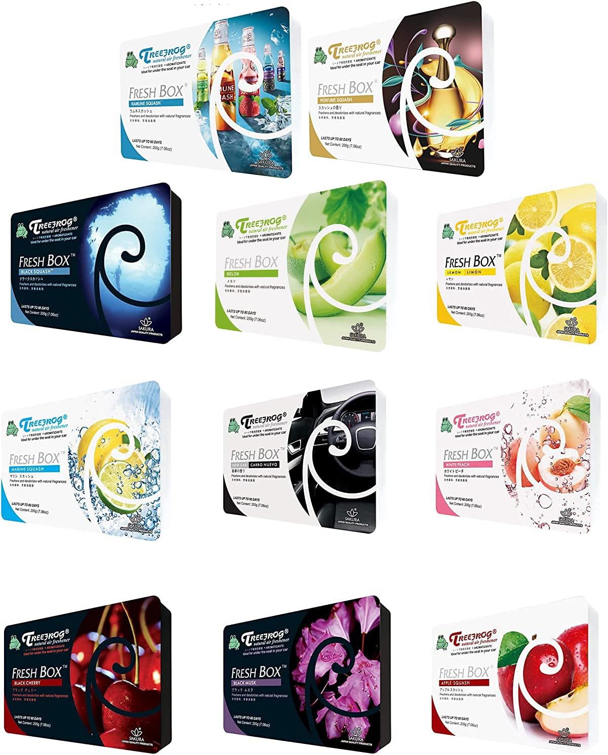 Tree Frog Xtreme Fresh 11 Assorted Popular Scent Black Squash, Marine, Apple, Melon, Lemon, New Car, Perfume, Ramune Squash, White Peach, Cherry, Musk Scent, Treefrog Last Long Car Air Freshener
