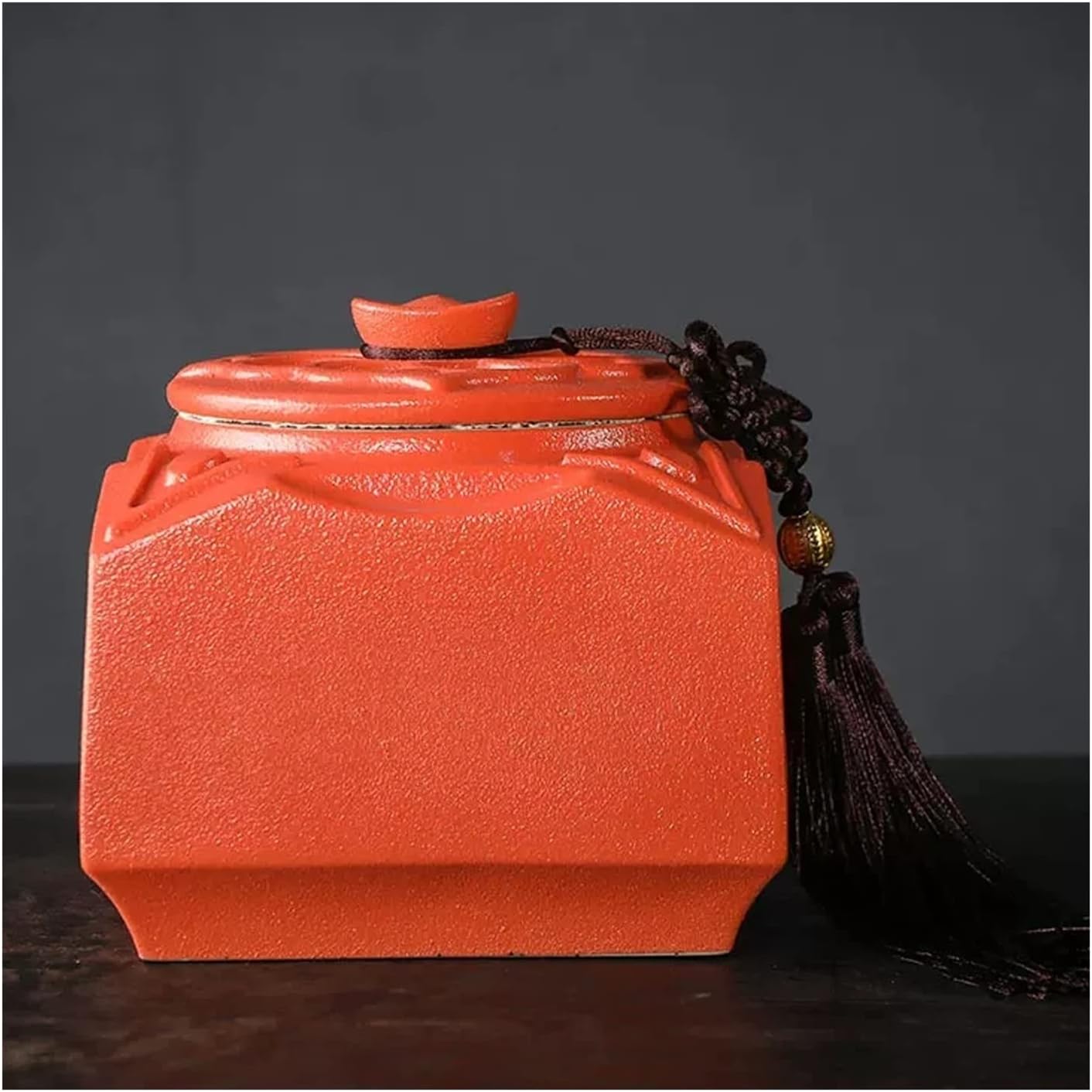Tea Tin Chinese Vintage Lucky Wealth Tea Storage Containers Home Ceramic Food Elegant Decoration Gift with Tassel Container(Orange)