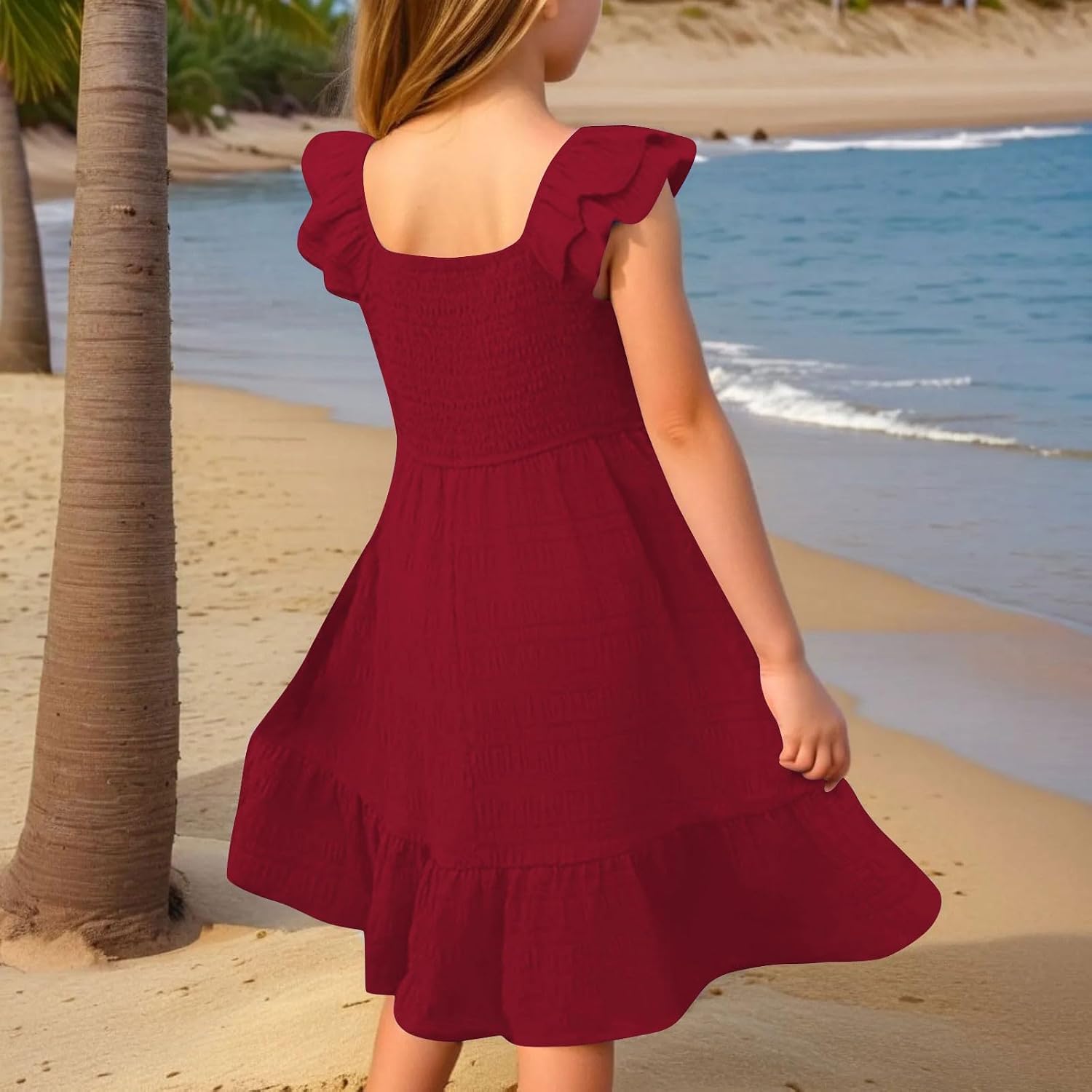 Girls Cotton Linen Midi Dress Flutter Sleeve Sundress Smocked A Line Dresses Plain Elegant Midi Dress Vintage Dresses
