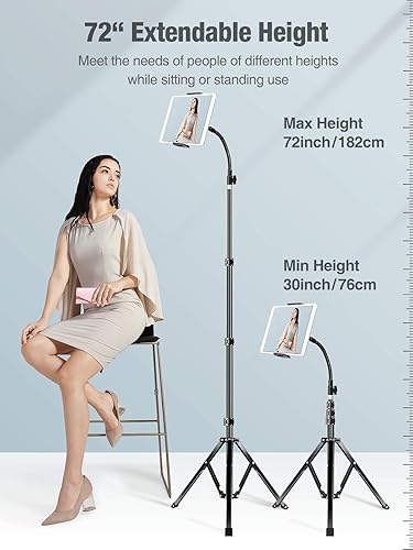 Miniatura 4 de elitehood Soporte de trípode de metal para iPad y soporte ajustable de 72 pulgadas con cuello de cisne para tableta, soporte de piso de aluminio