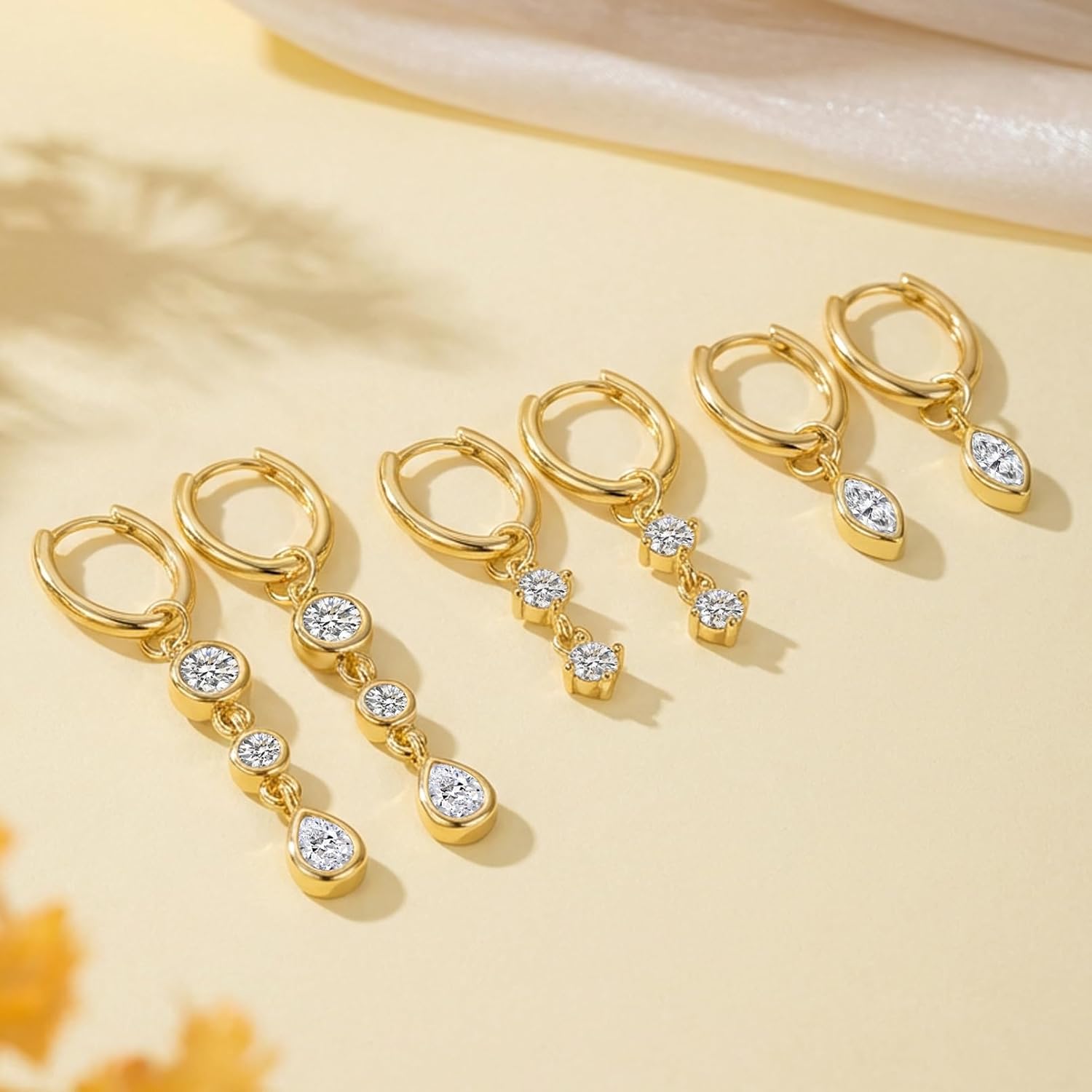 Dainty Gold Dangle Earrings Set, 3 Pairs 14K Gold Plated Hypoallergenic Small Drop Earrings with Geometric Cubic Zirconia Jewelry Gift for Women - Image 5