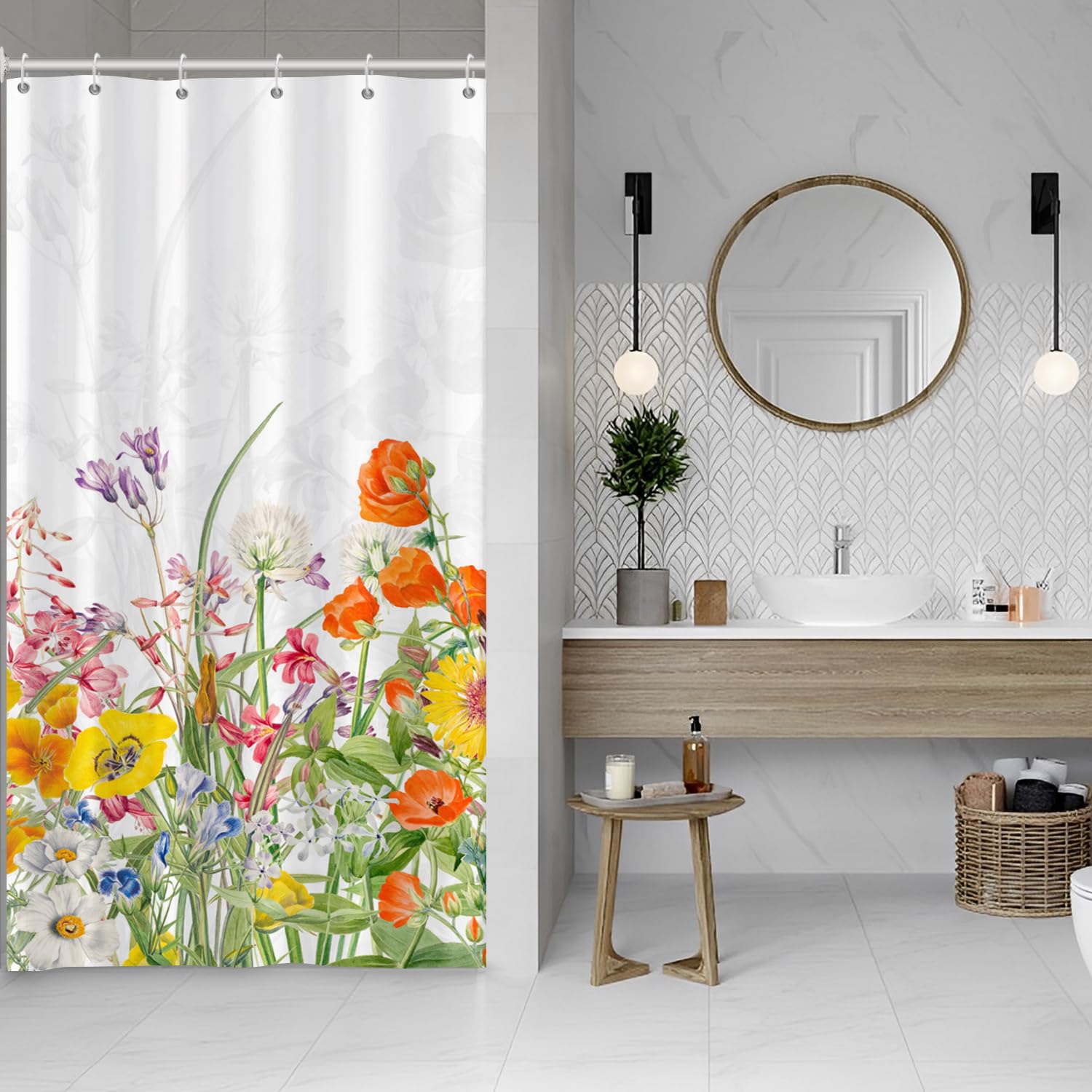 ASDCXZ Flower Shower Curtain 120x200 cm, Spring Purple Yellow Orange Blue Rose Flower Leaves Bath Washable Narrow Shower Curtains Polyester Textile Waterproof Shower Curtain for Bathtub with 8 Hook โ image 1