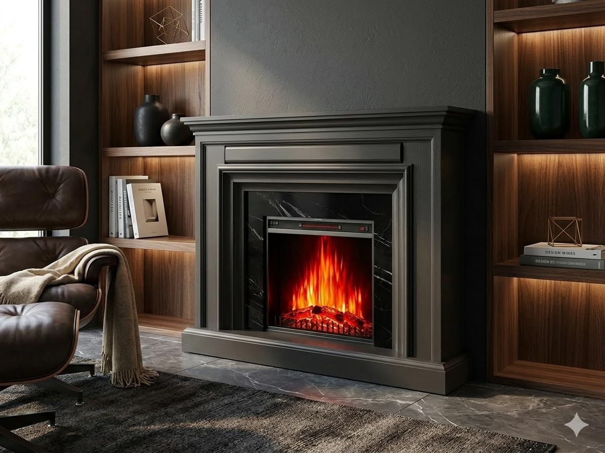 First of a Kind Fireplace Mantel Surround with Marble Style Finish, Traditional Wood Mantel Shelf with Decorative Trim, Freestanding Living Room Mantel Frame for Home Decor Display, Black