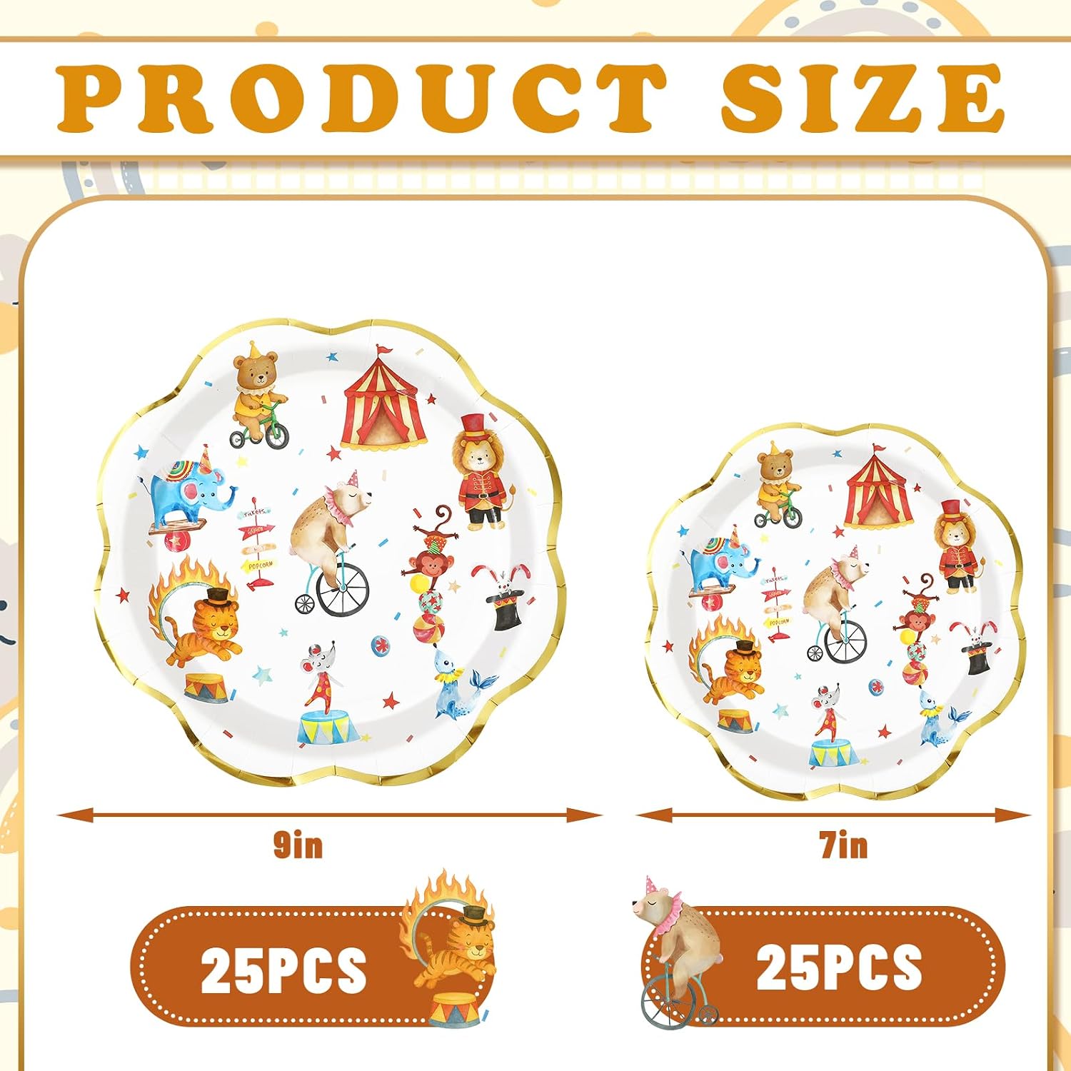 Whaline 50Pcs Circus Paper Plates Funny Animal Parade Disposable Party Plate Scalloped Carnival Festival Salad Dessert Plate 9 & 7 Inch for Birthday Baby Shower Dinner Zoo Themed Celebration image 2