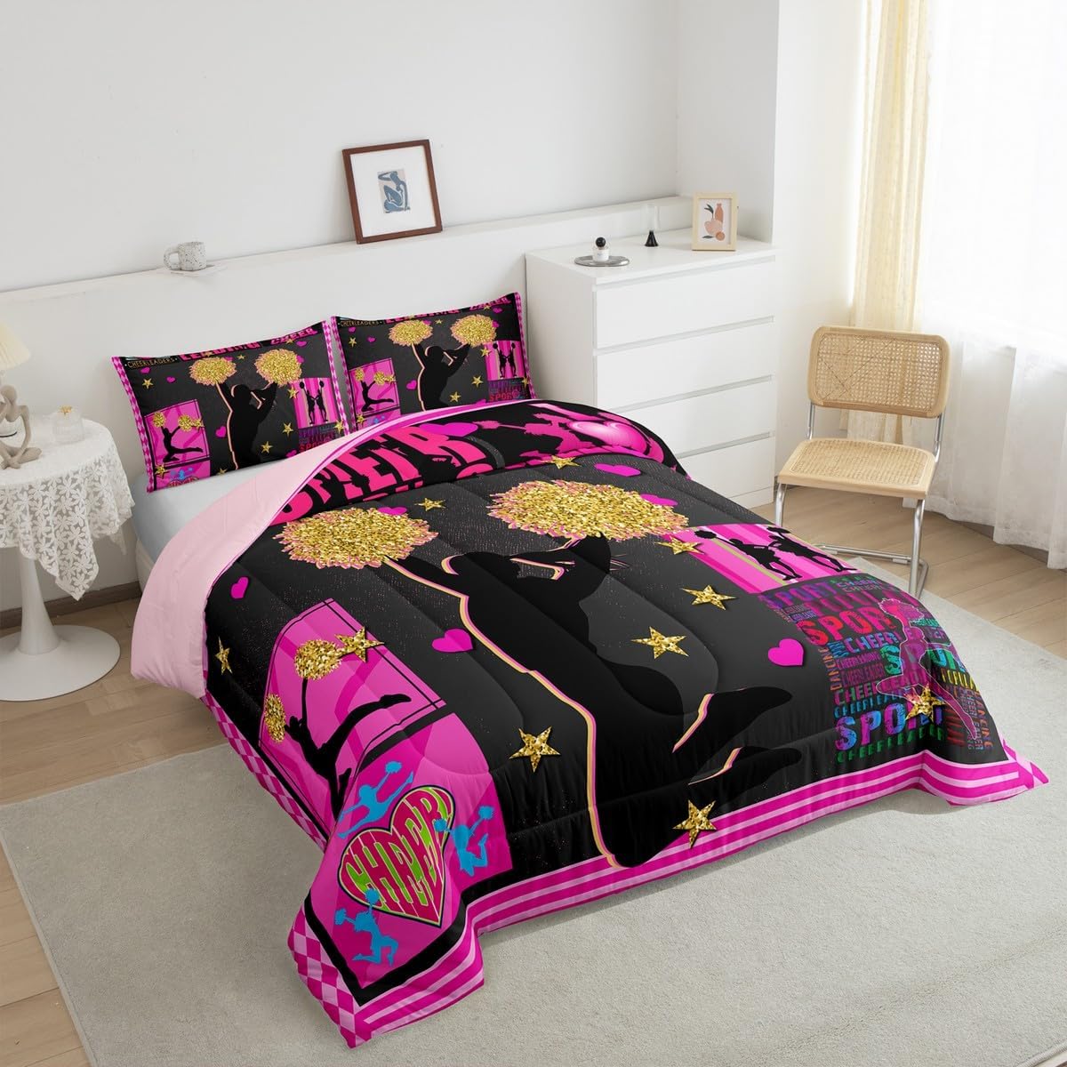 Erosebridal Cheerleader Comforter Set Twin Dancer Bedding Set for Kids Girls Women Adults Pink Glitter Cheer Themed Quilt Set Geometric Checkered Duvet Insert with 1 Pillowcase Bedroom Decor