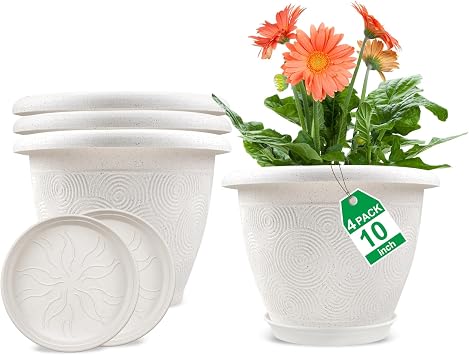 Plastic Flower Pots Planters for Indoor Plants, 3 Pack 10 Inch White Plant Pots with Drainage Hole & Tray, Modern Decorative Large Plant Pot with Saucer for Indoor Outdoor Plants Garden House Planter