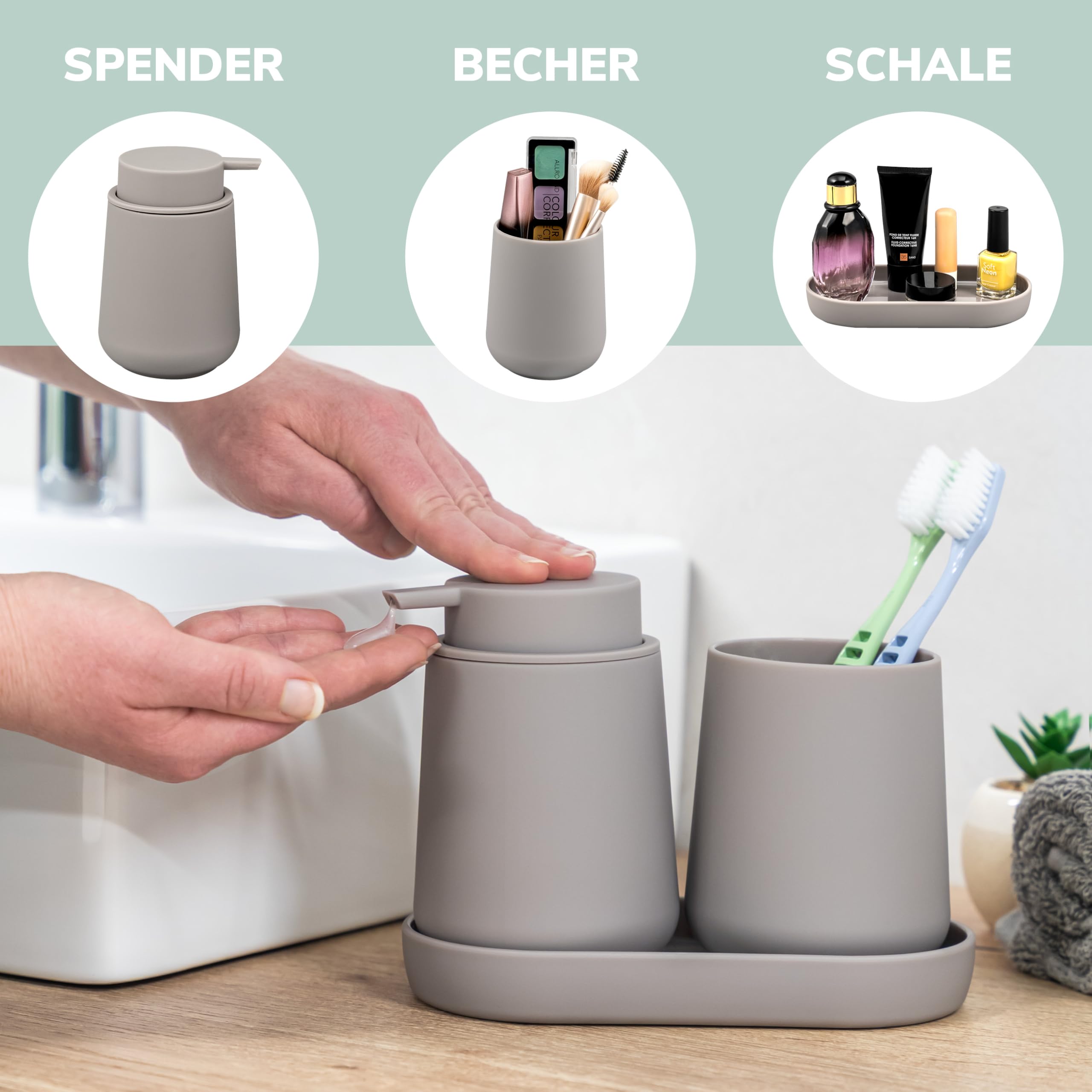 eluno TESERO - Set di accessori da bagno con superficie soft touch, 3 pezzi, composto da 1 dispenser di sapone, 1 tazza e 1 ciotola, ideale per bagno e cucina in plastica (tortora)