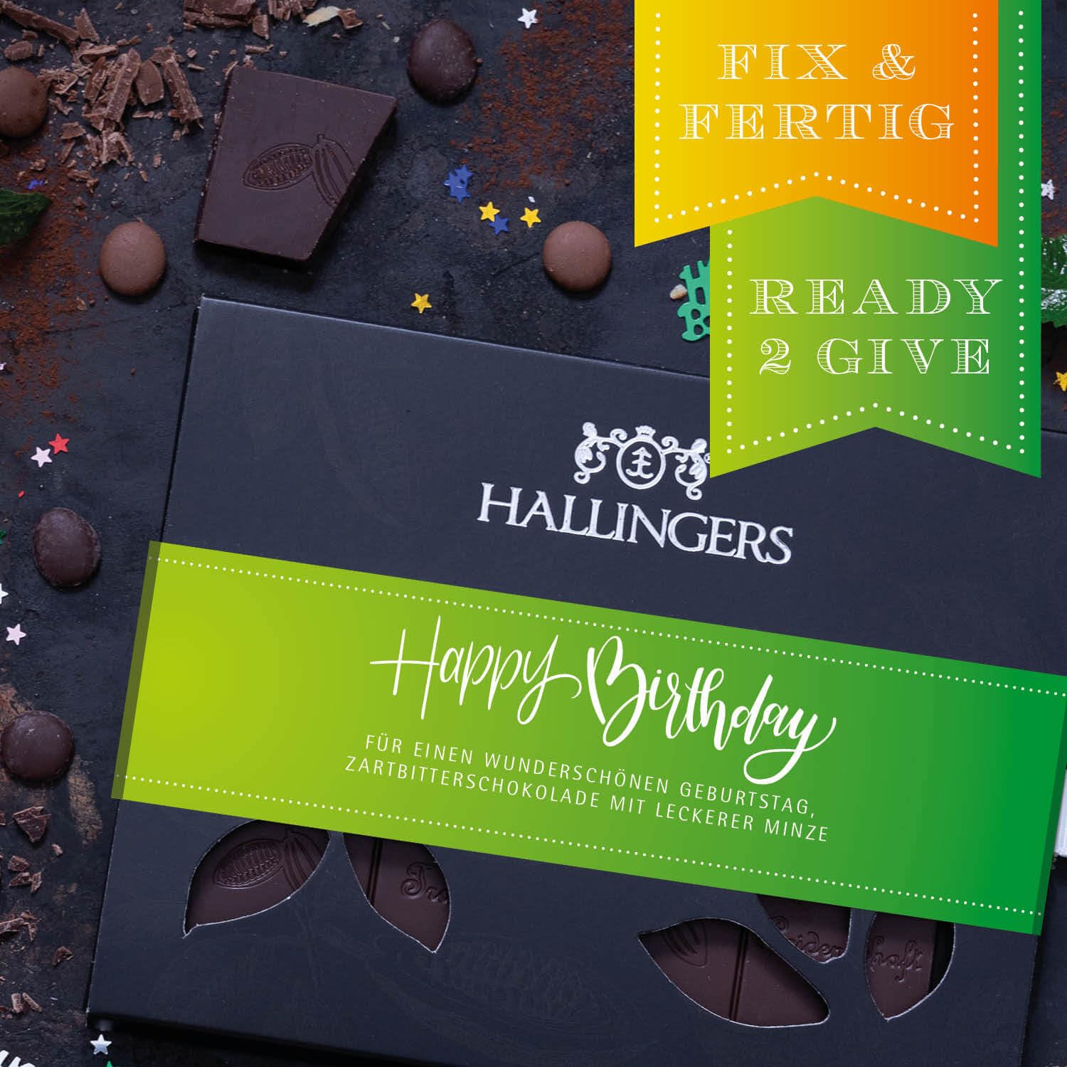 Hallingers Genuss Manufaktur Vegane Schokolade Geburtstagsgeschenk - Tafel handgeschöpfter Edelkakao ohne Alkohol edler Karton 10x "Happy Birthday ..." Minze, Geschenke für Frauen Männer
