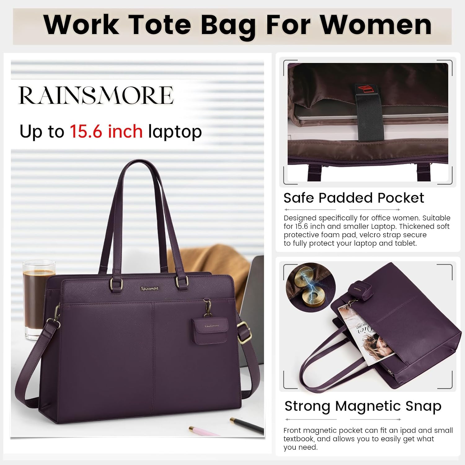 RAINSMORE Laptop Bag for Women 15.6 Inch Work Tote Bags Waterproof Leather Laptop Computer Tote Professional Briefcase - Image 4