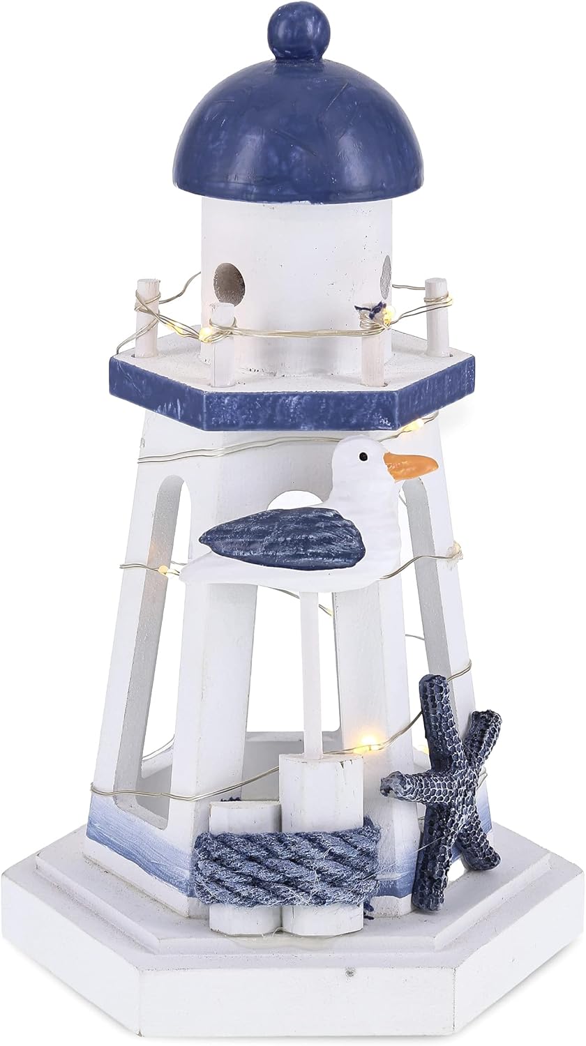 CoTa Global Ocean Blue Nautical Wooden Lantern Lighthouse With LED Lights - Table Top Centerpiece Coastal Decor For Home, Beach House, Rustic Decorative Lamp with Boat Anchor - Handmade Color May Vary