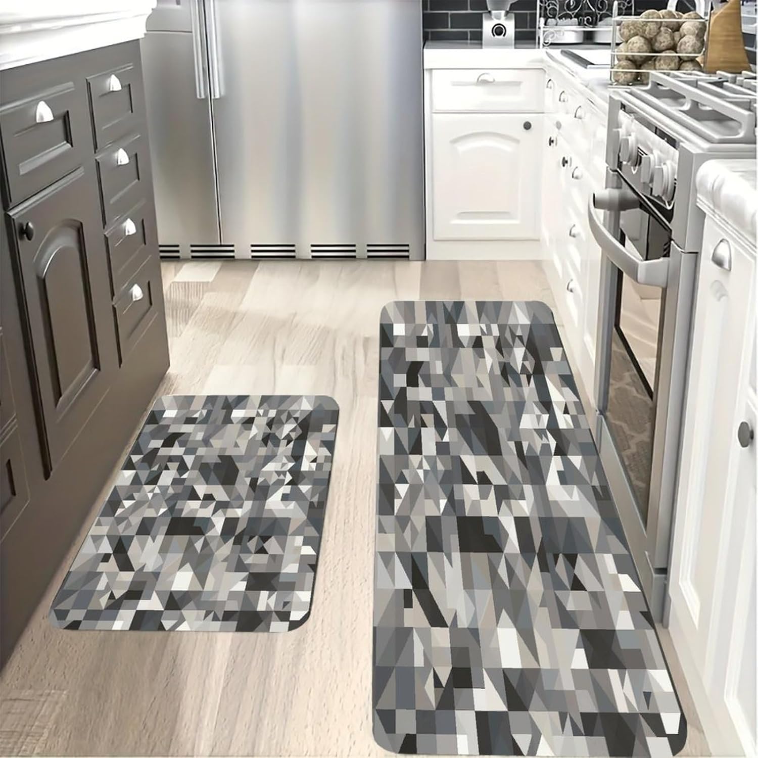 Gray Style Pattern Kitchen Mats with 2PCS Non-Slip Washable,Kitchen Rug Heavy Duty Durable, Floor Mats for Kitchen,Office,Sink,Laundry