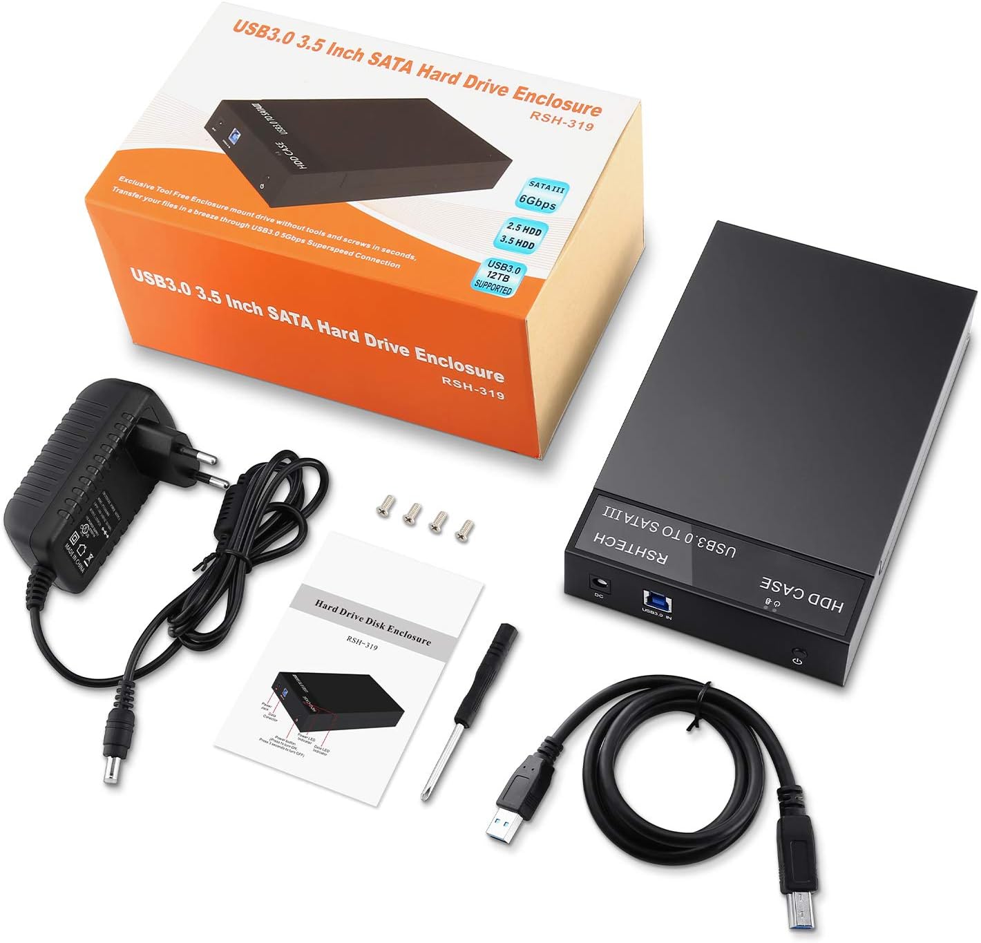 Contents of the RSHTECH External Hard Drive Enclosure package