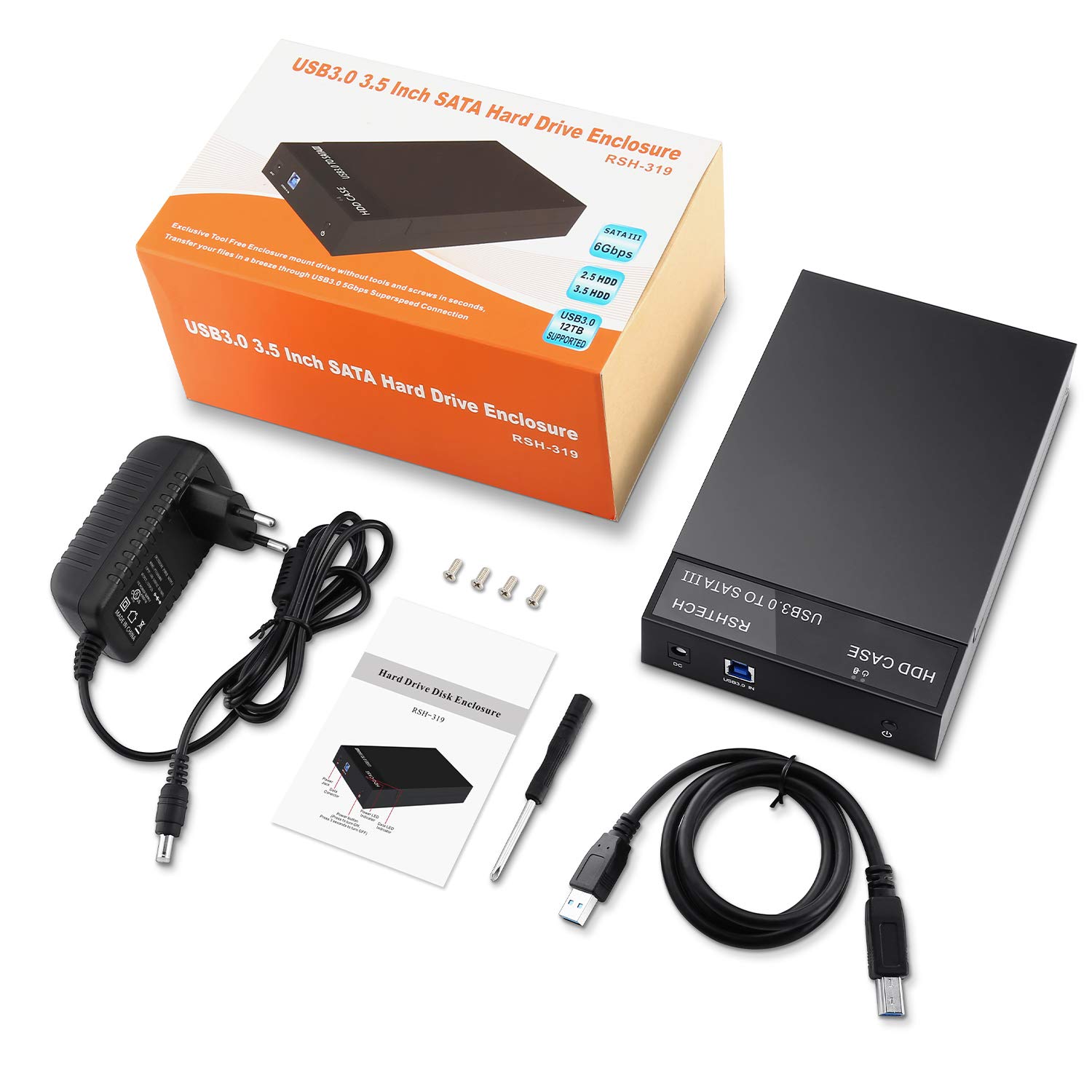 RSHTECH Boitier Disque Dur Externe USB 3.0 pour 2.5" 3.5" SATA HDD SSD Prend en Charge jusqu'à 6 Gbit/s, Disque Dur 16 to et UASP, livré avec 24W(12V/2A) Alimentation et Câble USB 3.0, Noir (RSH-319)