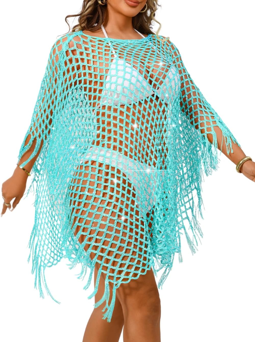 Kaei&Shi Sexy Hollow Out Beach Coverups,Crochet Fringe Knit Swimsuit Cover Up,Pool Swimwear Dress for Women Fit 0-14