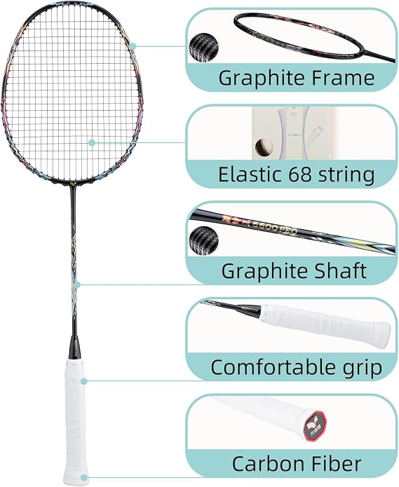 Professional Badminton Racket - Carbon Graphite & Carbon Fibre, Ultra-Light Single Racket for Enhanced Performance