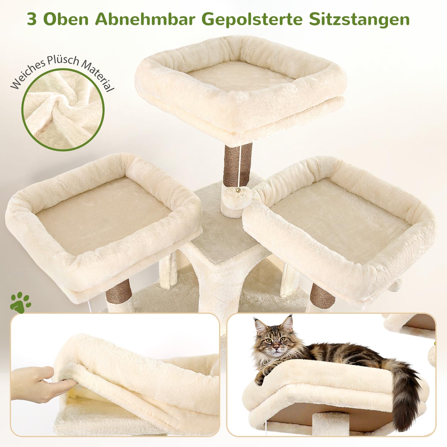 Globlazer Kratzbaum XXL Beige für Große Katzen 192 cm Stabil Katzenbaum F75 | Extragroß Katzenhäuse, 3 Gepolsterte Sitzstangen, Sisal Kratzbrett, für Kätzchen Schwere Katze, Einfach Montieren, Innen