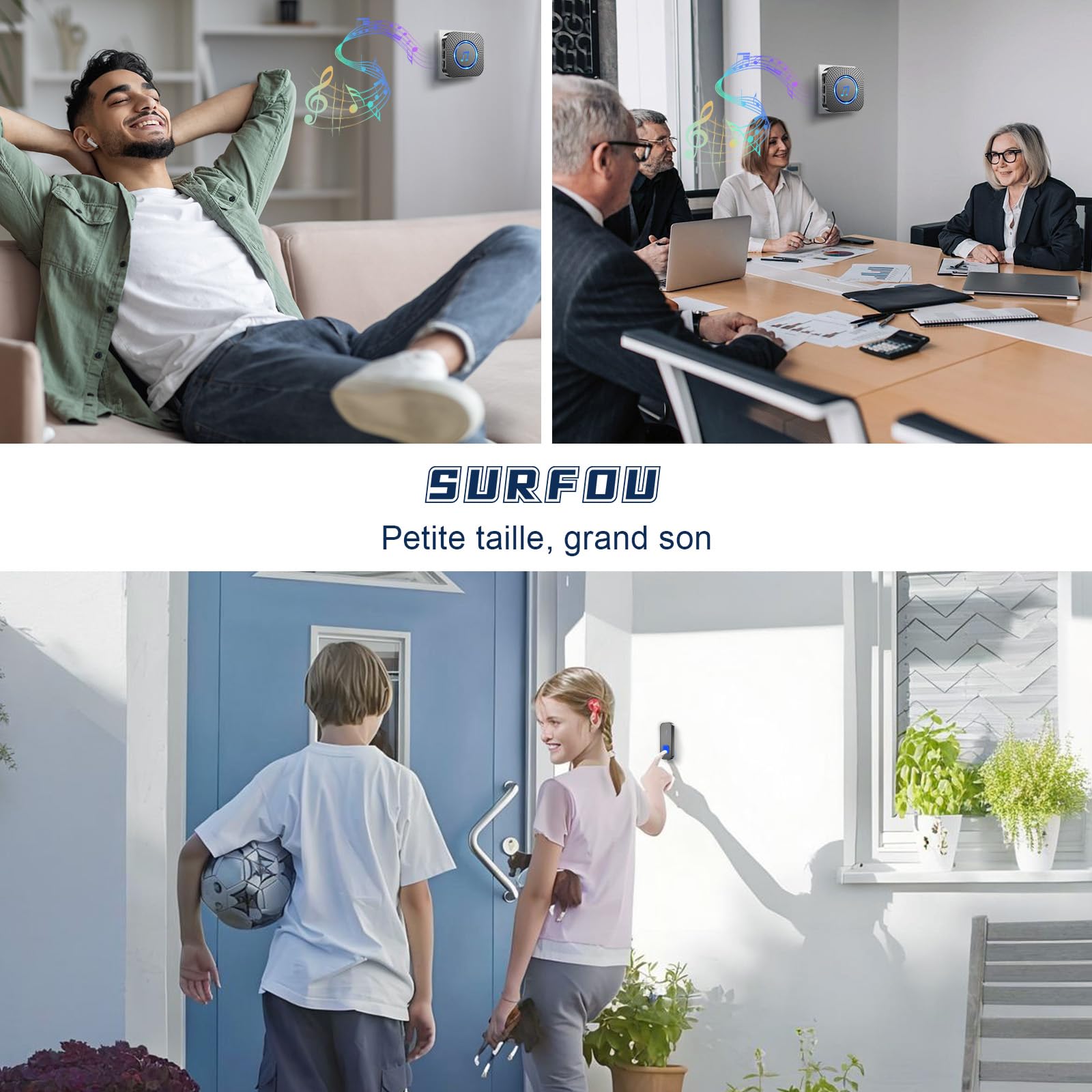 SURFOU Sonnette sans Fil, 400M Sonnette Longue Portée Exterieur Étanche Electronique, Kit de Carillon avec 2 Récepteurs Enfichables pour la Maison, LED Bleu, 55 Mélodies, 5 Niveaux Volumes, Noir