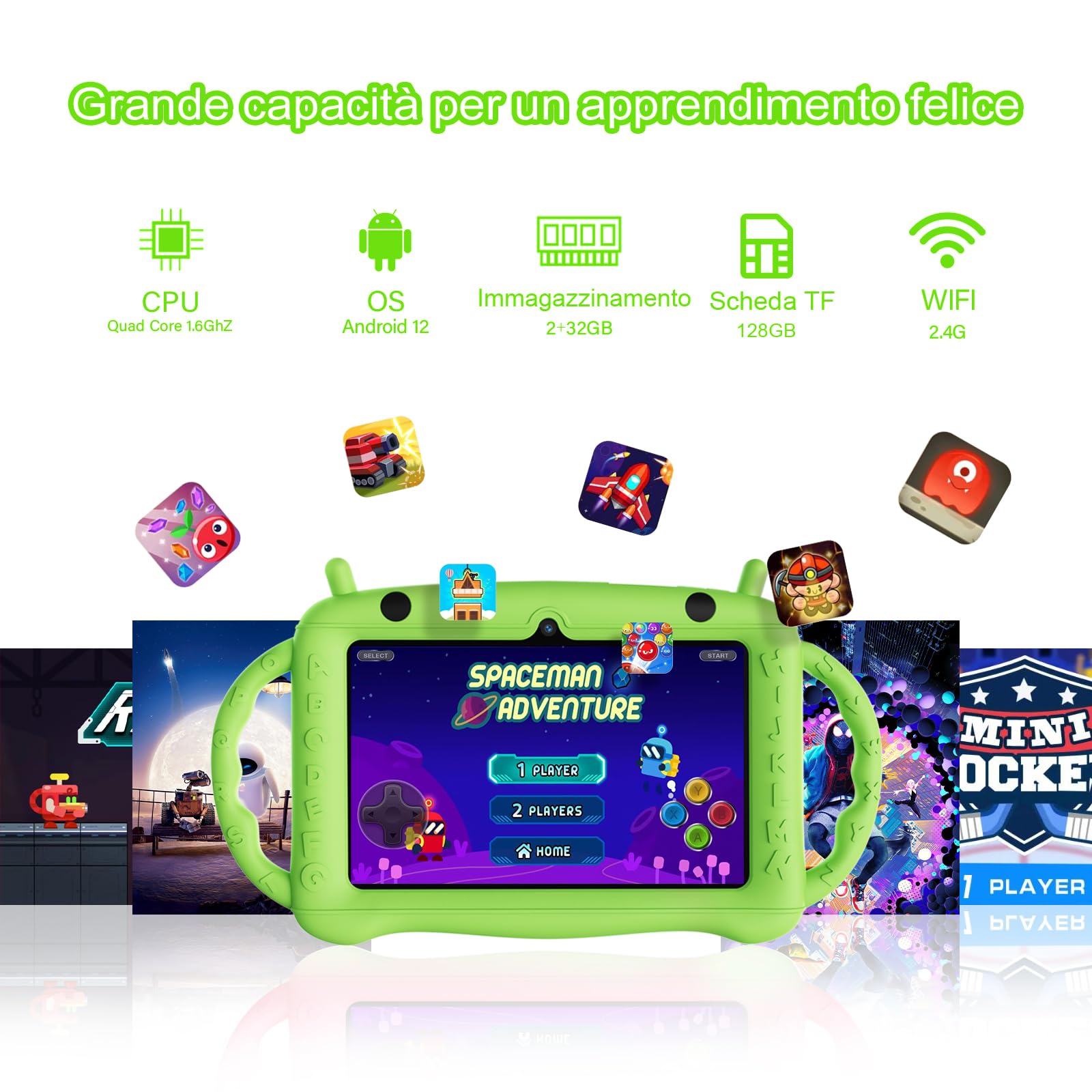 Tablet Bambini 7 pollici Android 12, 2+32 GB (128 TF), Kids Tablet con Controllo Genitori, Doppia Fotocamera, Bluetooth, WiFi, Custodia Protettiva, APP bambini, YouTube (Verde)