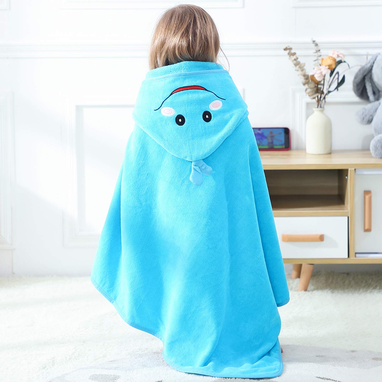Unisexe Bébé Enfant en Bas âge Enfants Animal Capuche Coton Douche Plage Serviette de Bain Robe de Bain, 0-6 Years Old, 90x90cm, Bleu