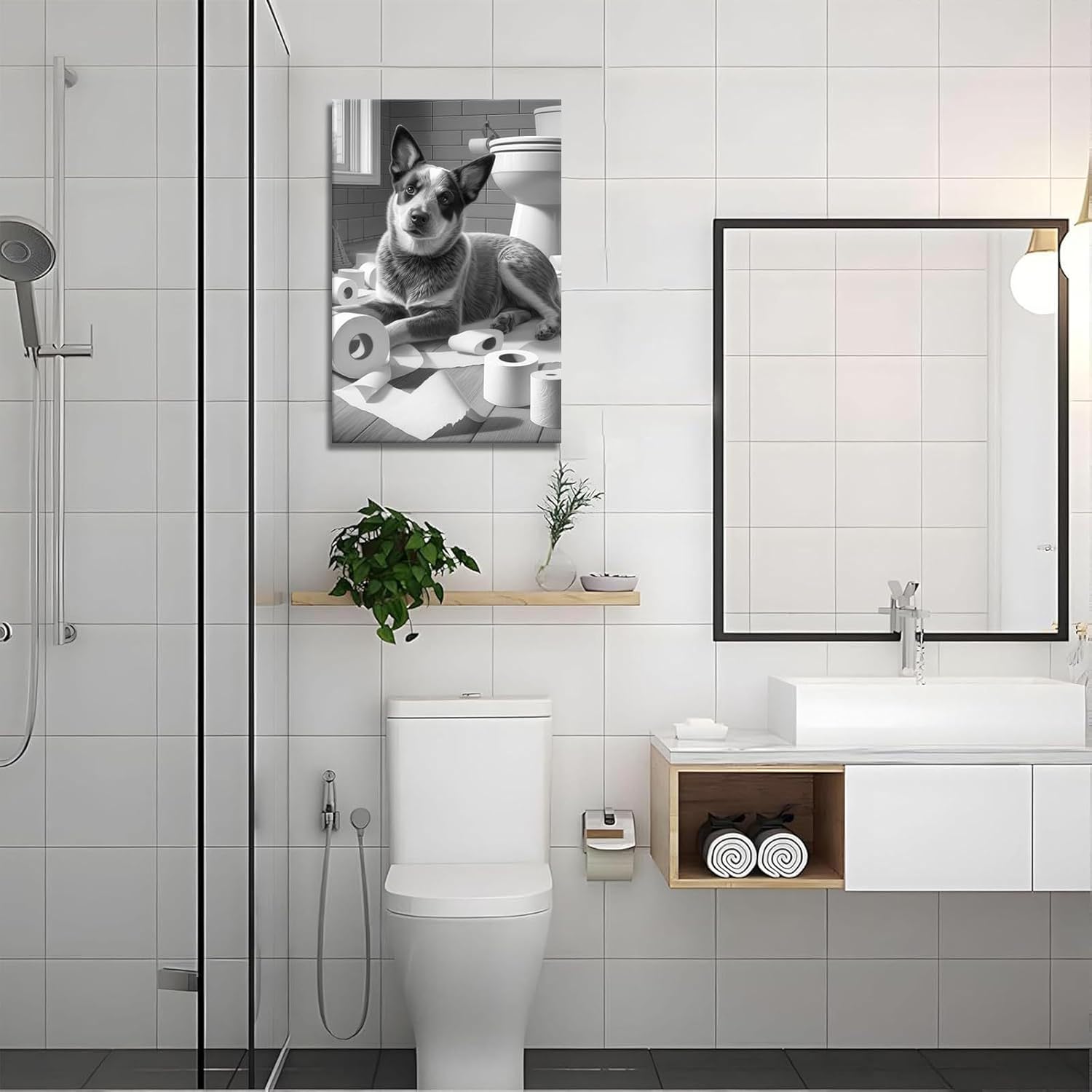 Trendy Australian Cattle Dog Bathroom Posters Black And White Heeler Toilet Canvas Wall Art Funny Room Aesthetic Prints Painting For Home Bedroom Dorm Wall Decor 16x24in Wframed