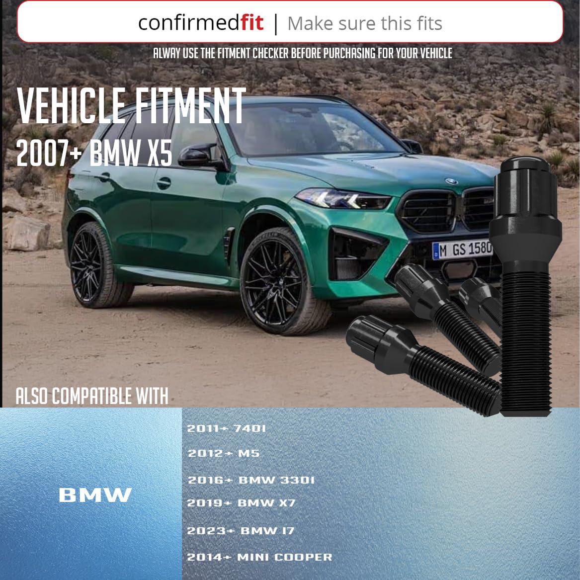 Wheel Accessories Parts 20 Pcs Lug Bolt Set M14 x 1.25 Thread Acorn Seat Lug Bolt Black Finish 40mm Shank Length 6 Spline Car fits BMW 3, 4, 5, 7, 8 Series, M2, M4, M5, M8, X5, X6, X7