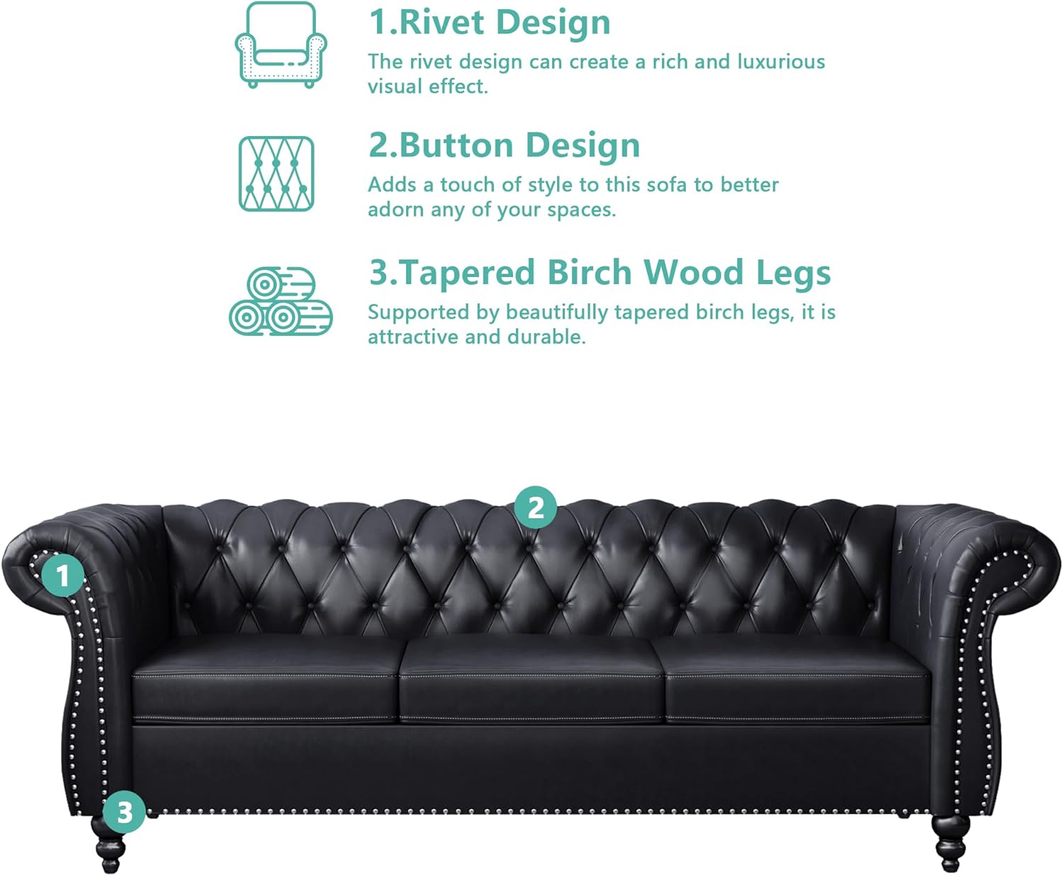 Faux Leather Sofa and Loveseat set, Mid Century Modern Upholstered Couch with Cushions, 2-Piece Home Sofa Living Room Furniture Sets, Comfy Tufted Chesterfield Couches for Bedroom, Office (Black)