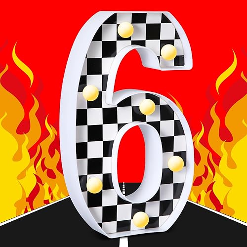 Miniatura 7 de Maxcheck Números iluminados de coches de carreras en blanco y negro, letrero decorativo de números de tablero de ajedrez, decoración de fiesta de