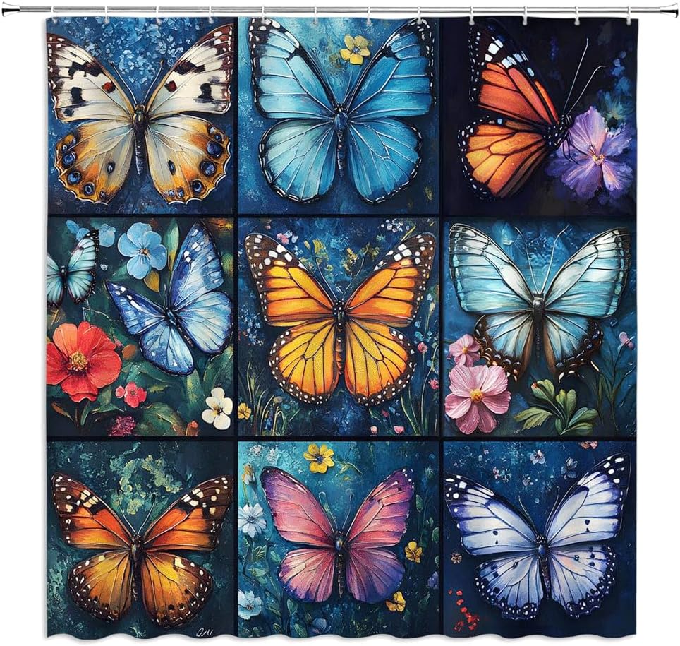 Butterfly Floral Shower Curtain Watercolor Flower Branch Leaves Spring Botanical Modern Minimalist Wildflower Nature Plant Bathroom Decor Polyester Fabric Curtains with Hook 80Wx70H Inches