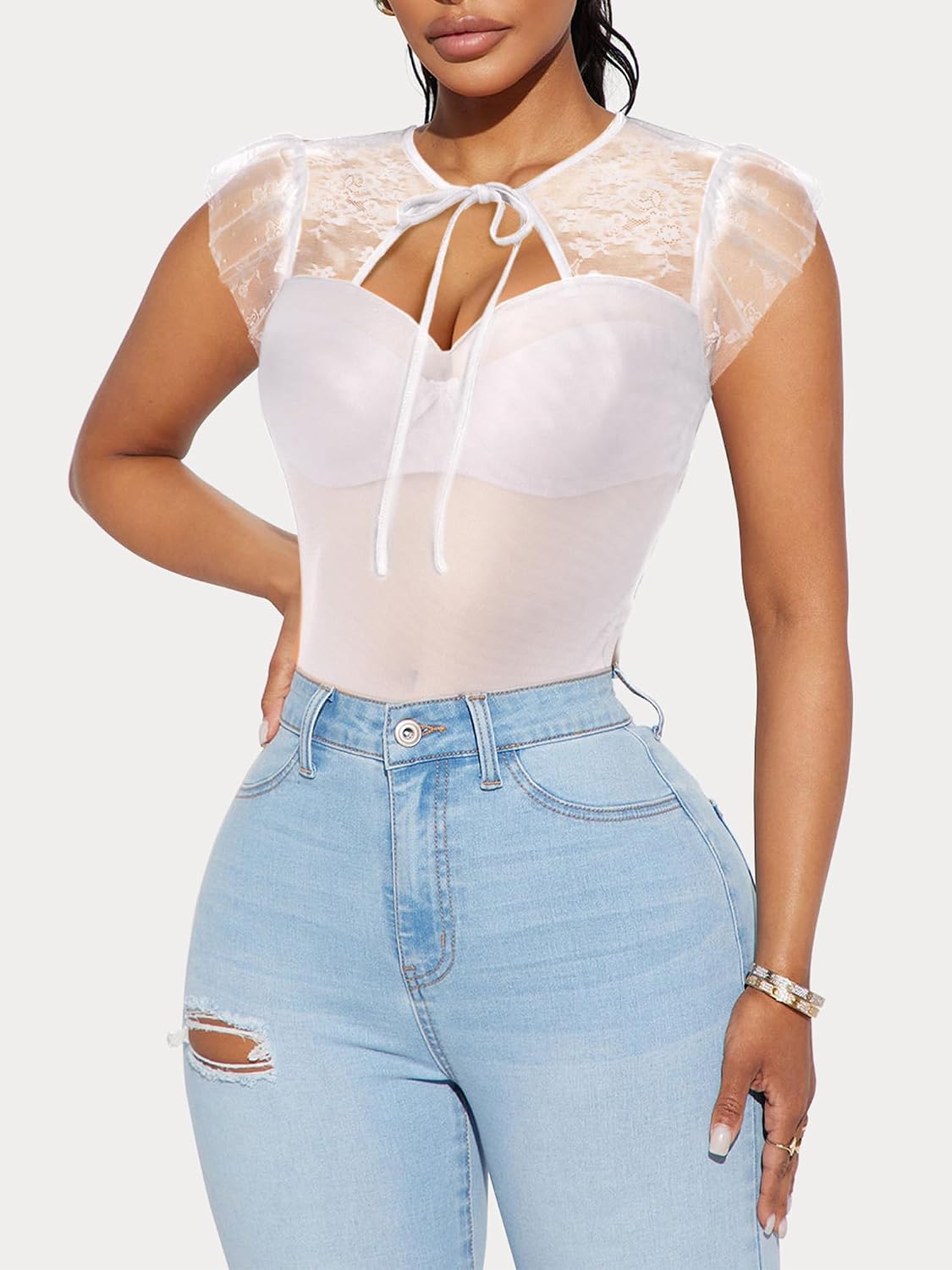 Lrady Women's Sheer Lace Mesh See Through Bodysuit Keyhole Tie V Neck Cap Sleeve Sexy Going Out Clubwear Tops